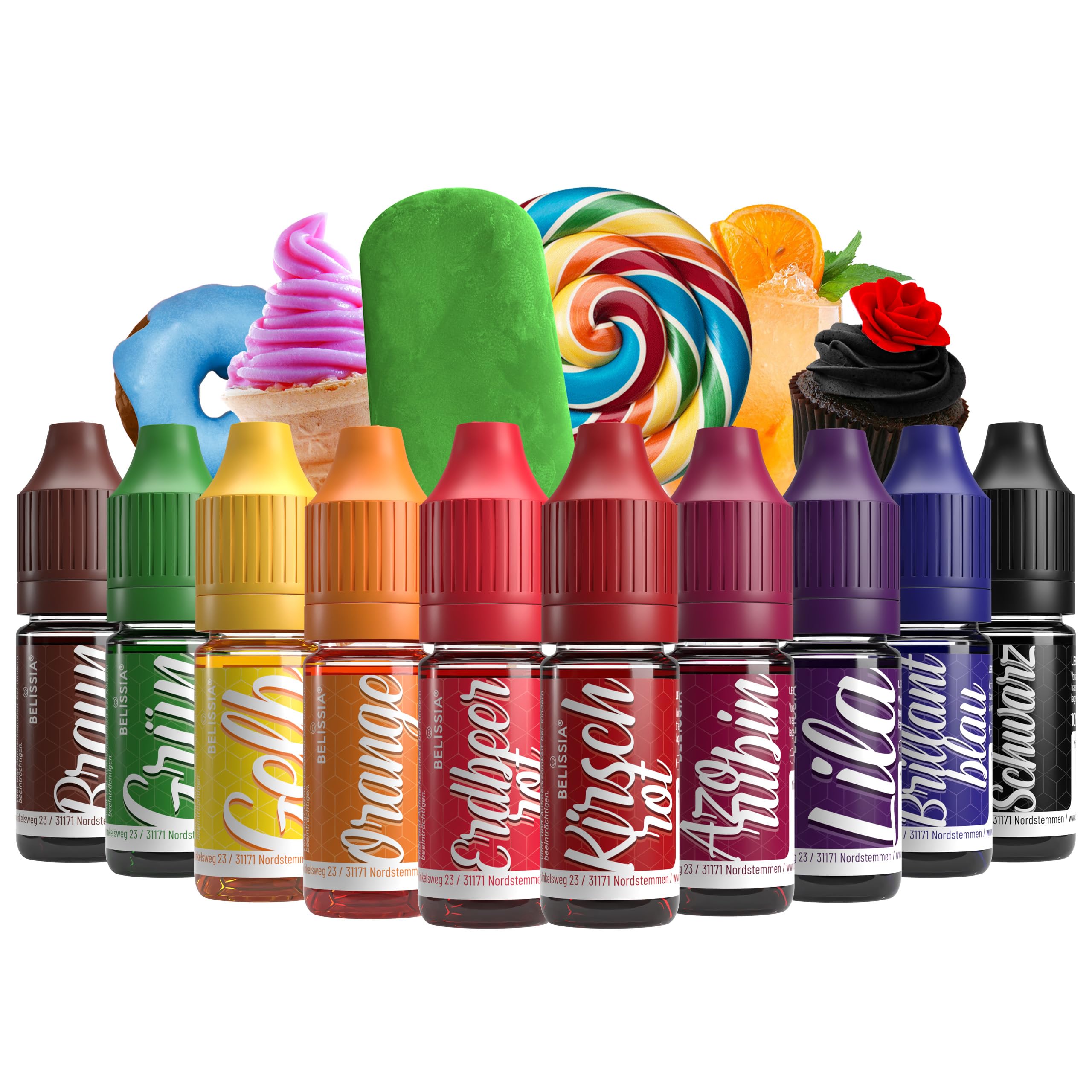 Belissia Lebensmittelfarbe Set – 8x10ml flüssig & hochkonzentriert – Lebensmittelechte Speisefarbe zum Backen, Kochen, Fondant & DIY - vegan, stark färbend, geschmacksneutral