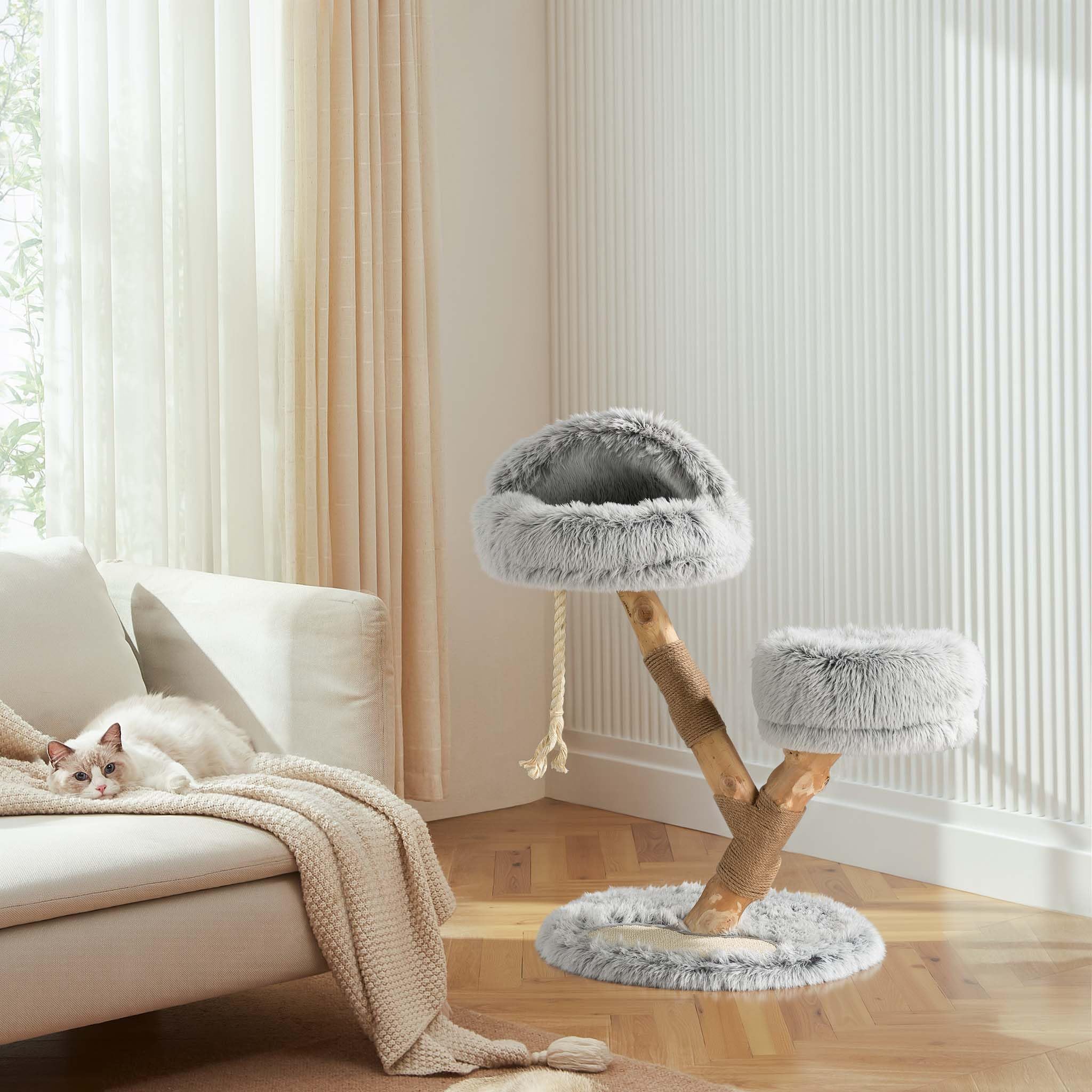 Fudajo Designer Kratzbaum mit Hängeliege, Katzenkratzbaum 59 x 59 x 169 cm, Katzenbaum bis max. 15 kg mit Sisal und Plüsch, Katzenmöbel mit 3 Etagen
