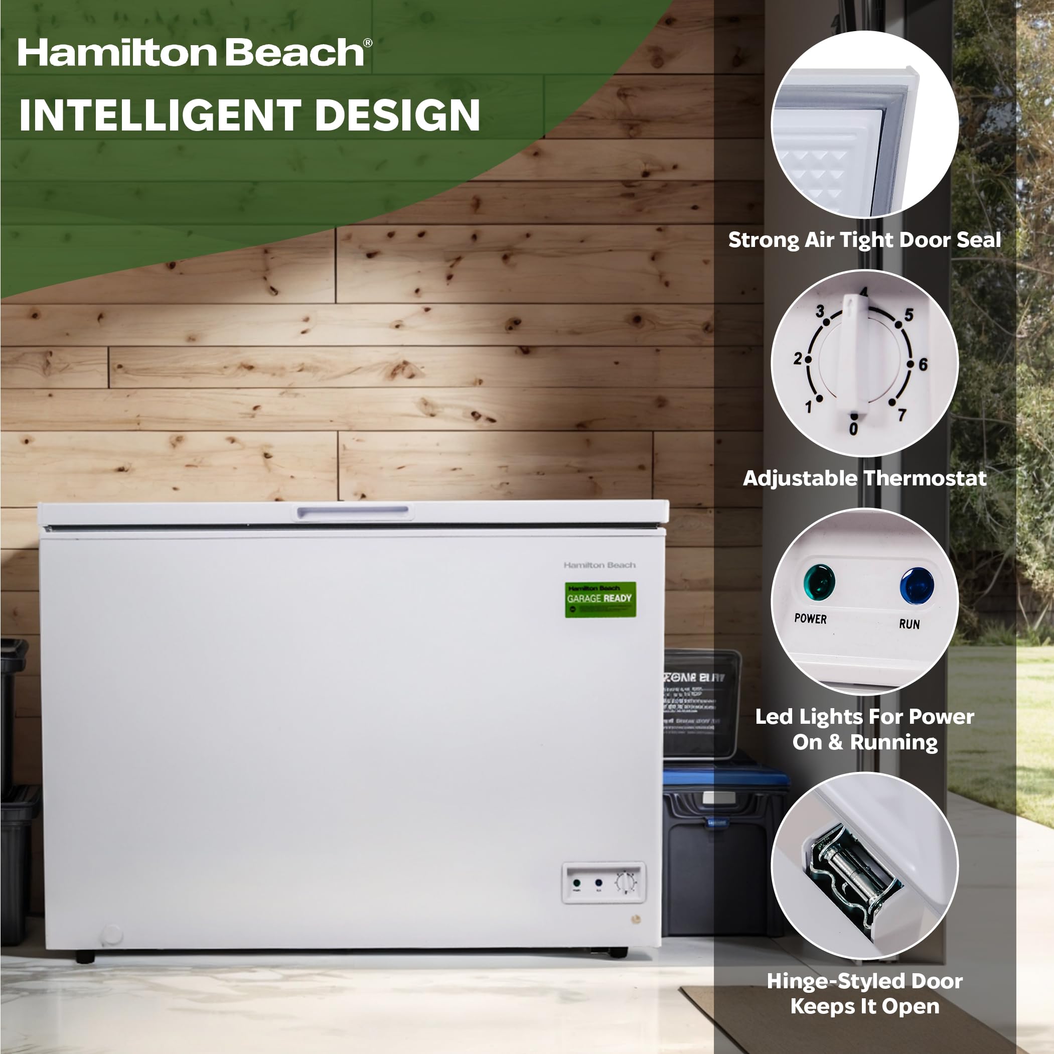 Hamilton Beach HBFRF2129 21 cu ft Double Door LID Garage-Ready Chest Freezer-White, Vinyl-Coated Baskets, Space-Saving Flat Back, Stay-Open, Front-Access Drain, for Storage, Hunting, Large Family