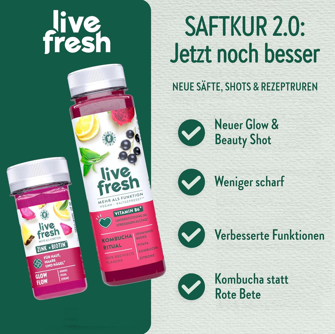 LiveFresh Saftkur 7 Tage + BIO Brühe – 49 Säfte (250ml) & 21 Shots (60ml) kaltgepresst¹ + Bio Gemüsepaste (135g) – 743 Kalorien pro Tag – Tipps zum nachhaltigen Abnehmen in der LiveFresh App
