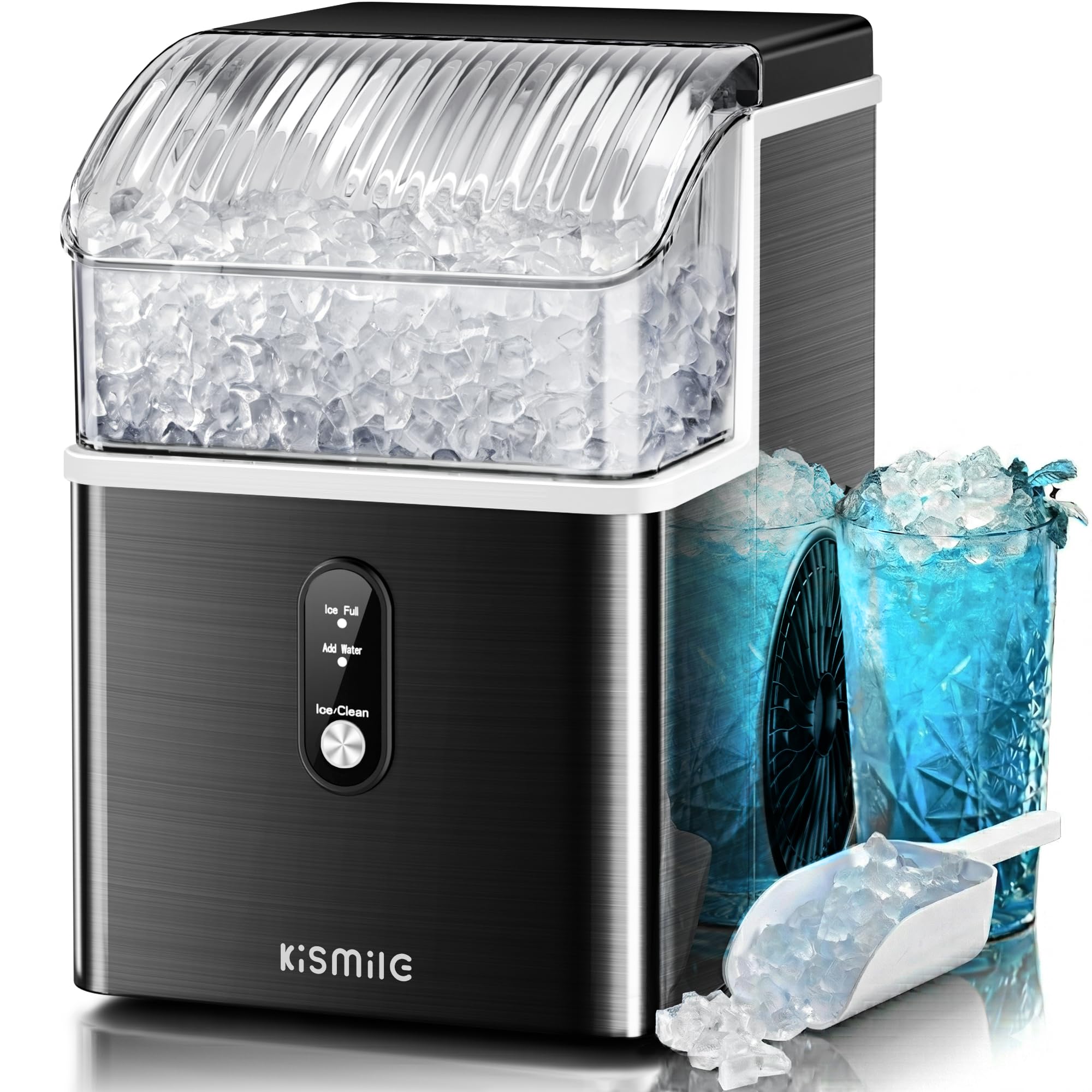 Kismile Nugget Ice Makers Countertop,Portable Ice Machine with Crushed Ice, 35lbs/Day,Self-Cleaning,One-Click Operation for Home Use(Silver)