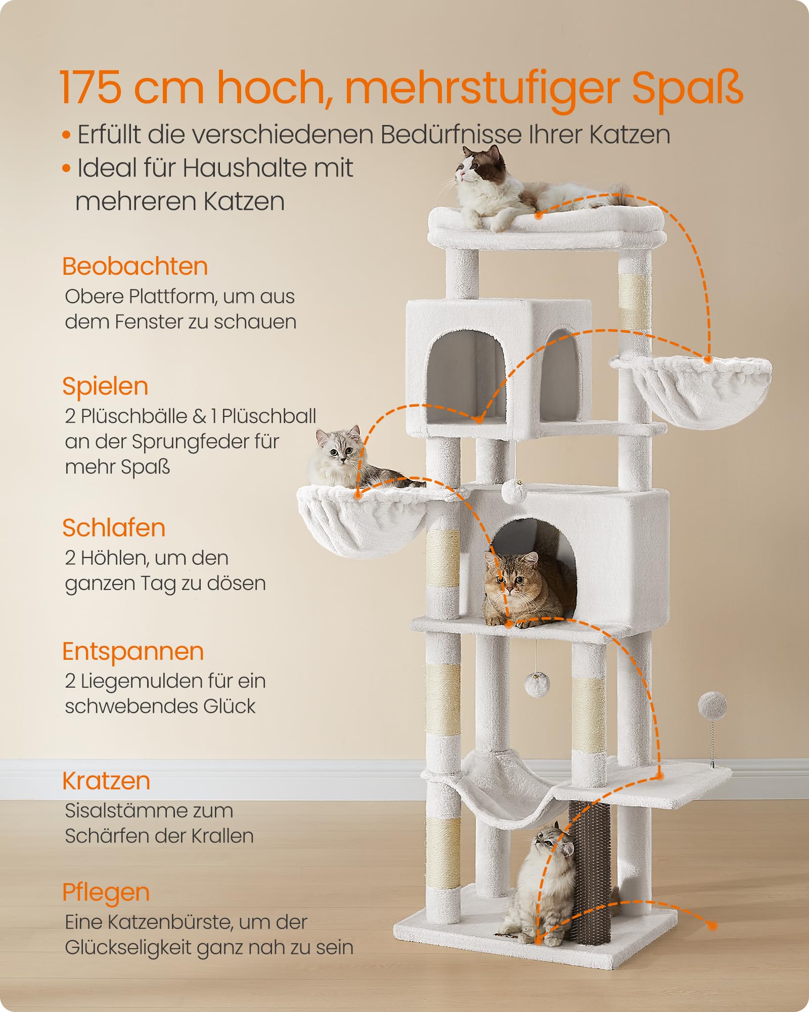 Feandrea Kratzbaum, 175 cm hoch, XL, mehrstöckiger Katzenbaum mit 2 Höhlen, 2 Liegemulden, 5 Kratzsäulen, Katzenbürste, große Plattform, Taubengrau PCT182G01