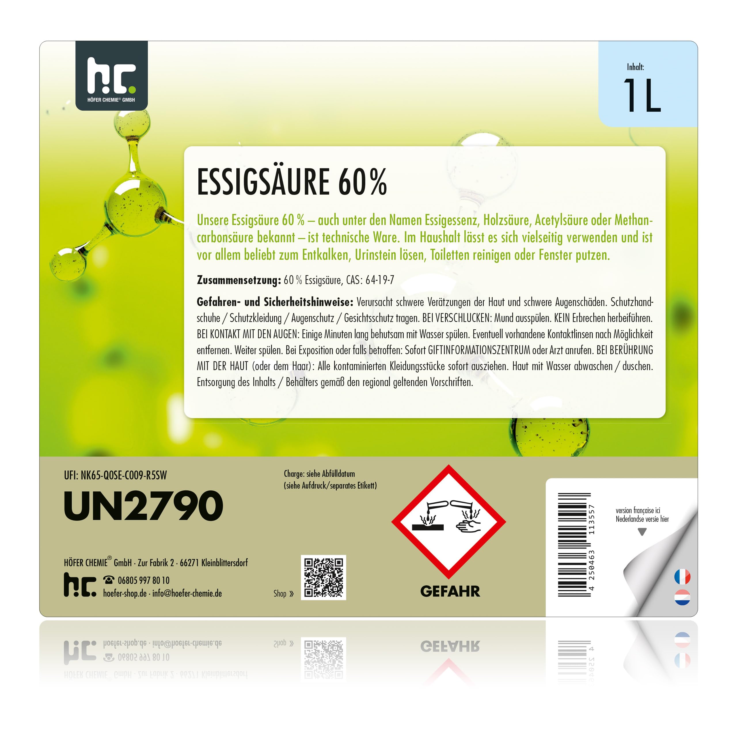 Höfer Chemie 2 x 10 L Essigsäure 60% - optimaler Reiniger und Entkalker - Premium Qualität Made in Germany - frisch abgefüllt im handlichen Kanister