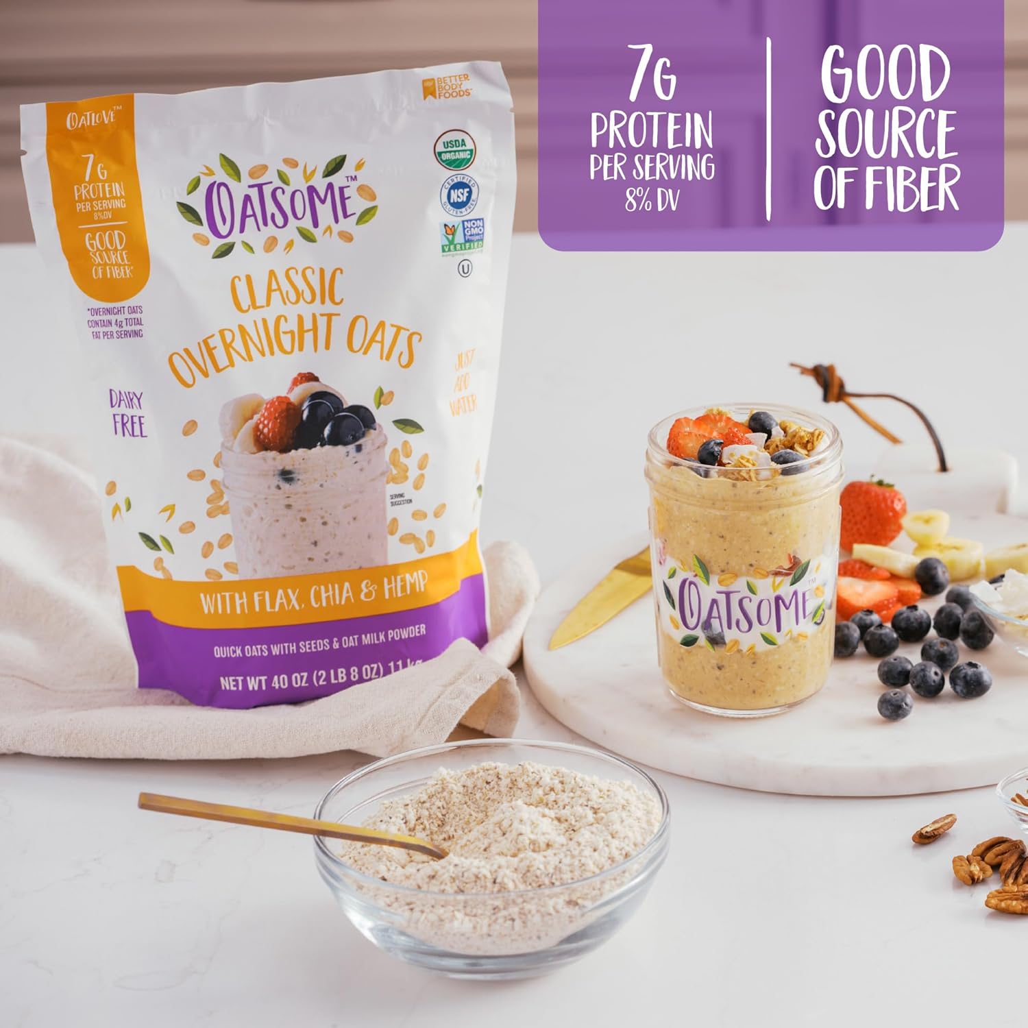 Oatsome Organic Overnight Oats with Chia, Flax, & Hemp, Gluten-Free Oatmeal with 7g of Protein, 2 lb 8 oz (40oz) Bag