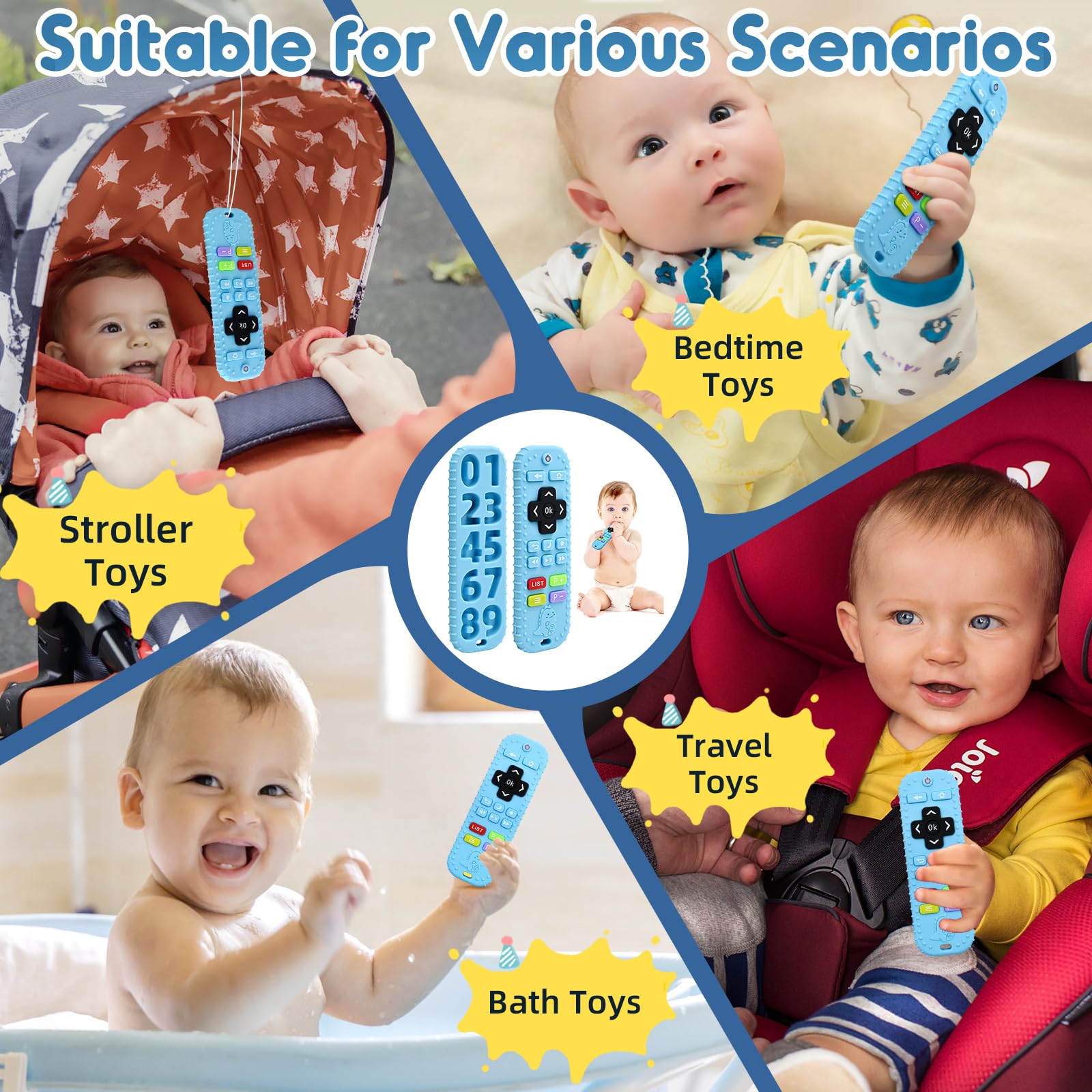 Zahnen Beißringe Spielzeug für Babys 3-6-12 Monate Geschenke, Fernbedienung Baby Zahnungshilfe für 7 8 9 Monate Kleinkind Autismus, Lebensmittelqualität Silikon Badespielzeug, Schwarz