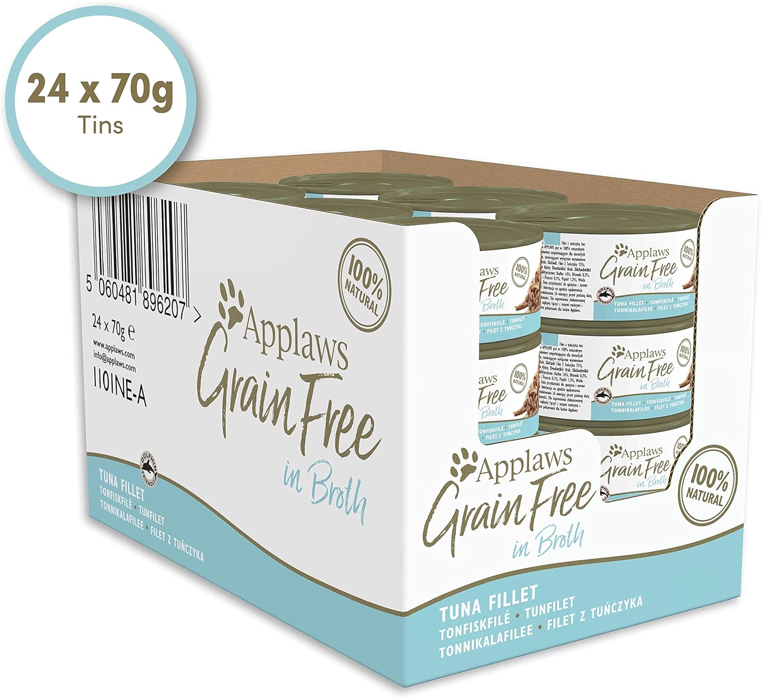 Applaws 100% Natural Thunfischfilet Nassfutter in Brühe für ausgewachsene Katzen - 24 x 70g Dosen