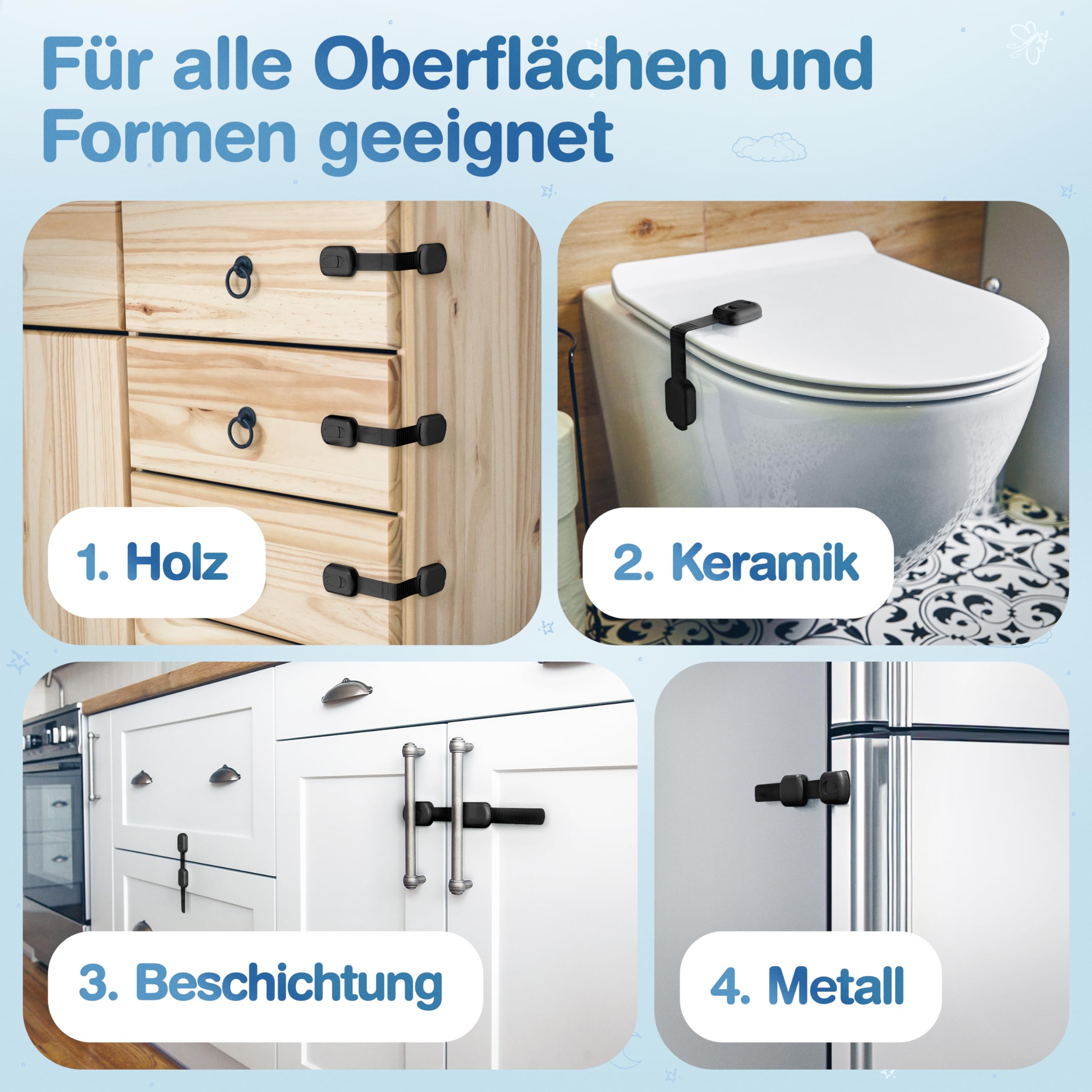 MUTKIND 10 Stück Kindersicherung Schrank - (Mit Kleber von TESA) Schranksicherung Baby - Längenverstellbar - Schubladensicherung Baby für Schränke, Kühlschrank, Tür - Kindersicherung Schubladen Weiß