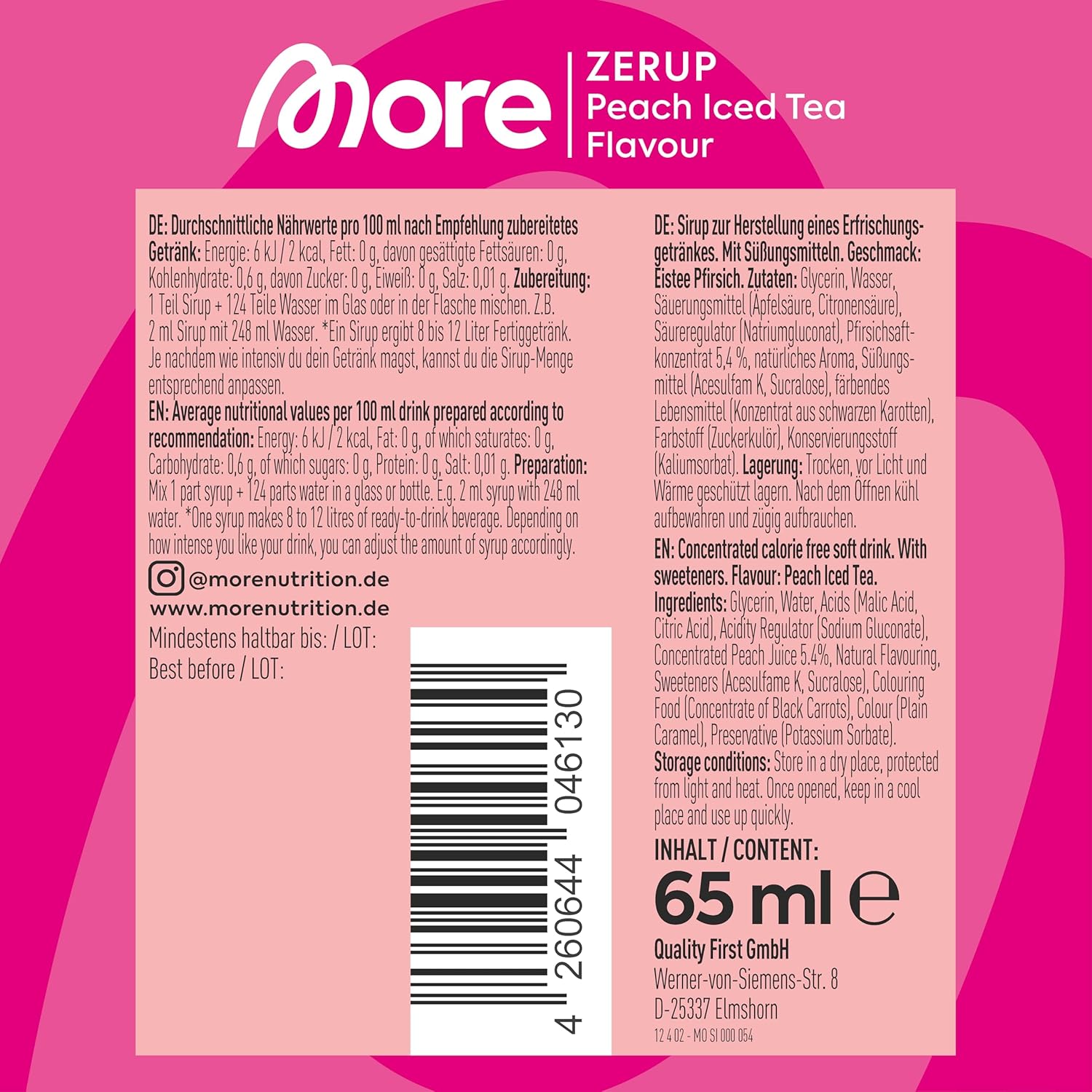MORE Zerup, Peach Iced Tea, 65 ml, für bis zu 8 l Fertiggetränk, zuckerfreier Sirup mit u.a. echten Fruchtextrakten, vegan, zero Kalorien - made in Germany