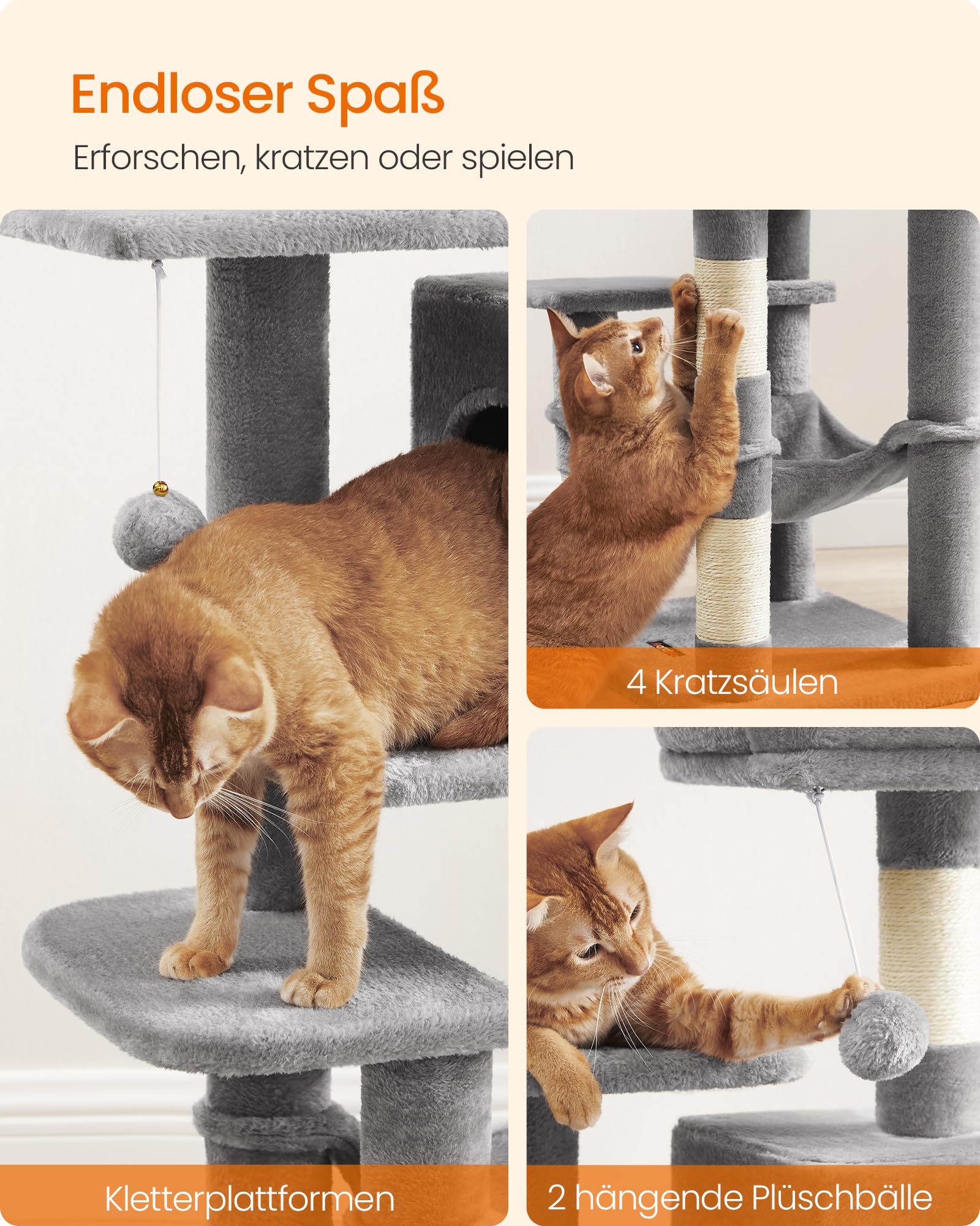 Feandrea Kratzbaum, 143 cm hoch, Katzenbaum, mehrstöckiges Katzenhaus, mit 4 Kratzsäulen, 2 Plattformen, Hängematte, Höhle, hellgrau PCT161W01