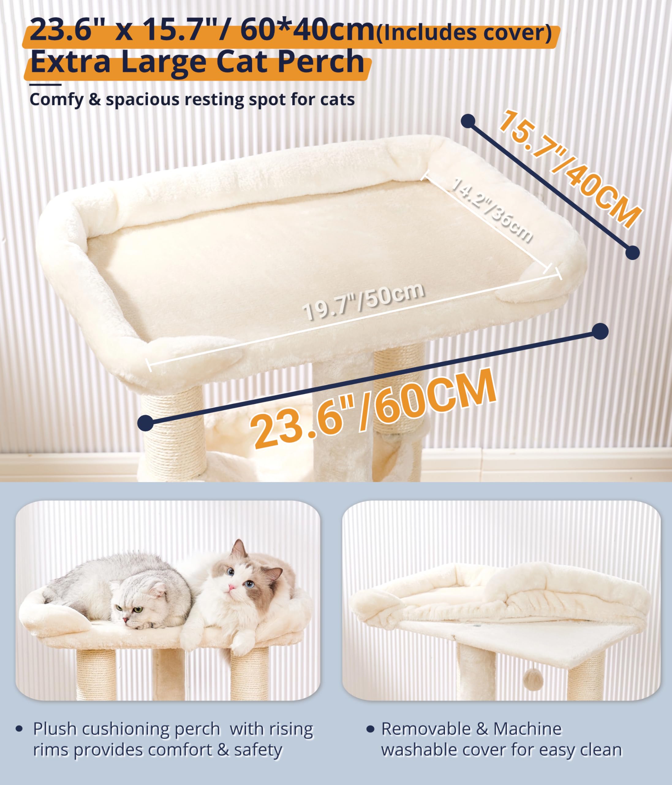 Happi N Pets 71CM Kratzbaum für Katzen, Hoher Kratzstamm mit großem Bett für große Katzen, Sisal-Kratzbaum mit weicher Liegefläche & Hängematte, Stabiler Katzenbaum, Abnehmbarer Bezug-Beige