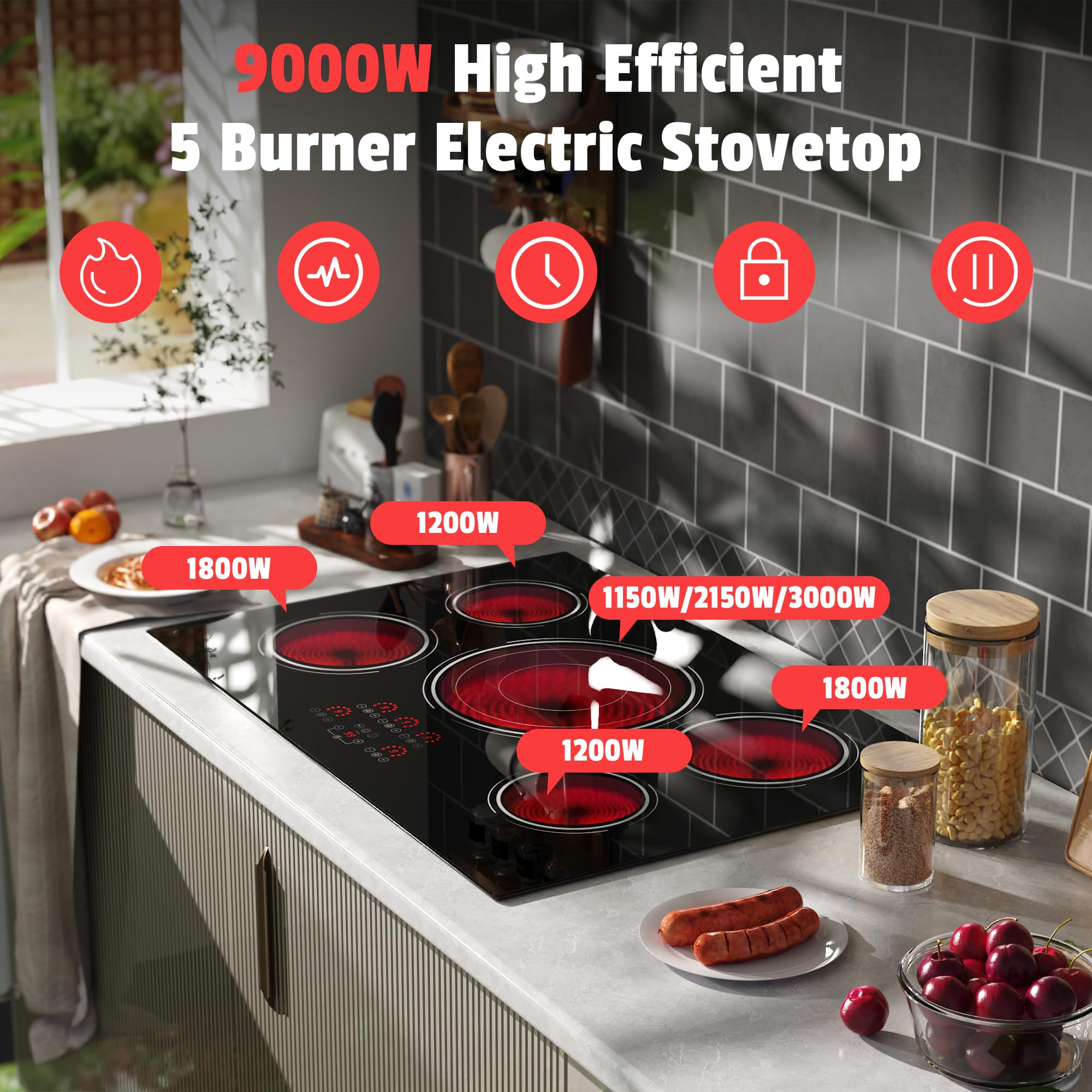 Disaenvir 29.13 Inch (Cut-out Size: 29.13"x19.3") Electric Cooktop - 30 Inch 9000W Powerful 5 Burner Electric Stovetop, Built-in Ceramic Stove 30“, Timer, Safety Lock, Pause, 240V Hard Wired (No Plug)