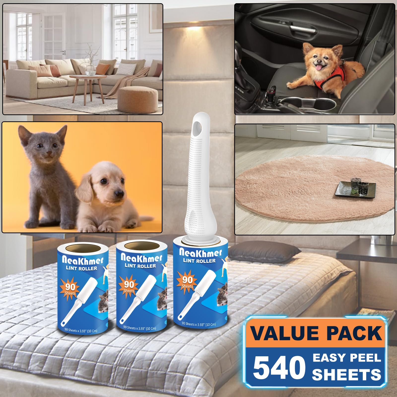 Fusselroller für Tierhaare 540 Blatt, extra klebriger tragbarer Fusselentferner, Fusselroller Kleidung, Entferner Katzen Hundehaare,Fusselrolle Tierhaare