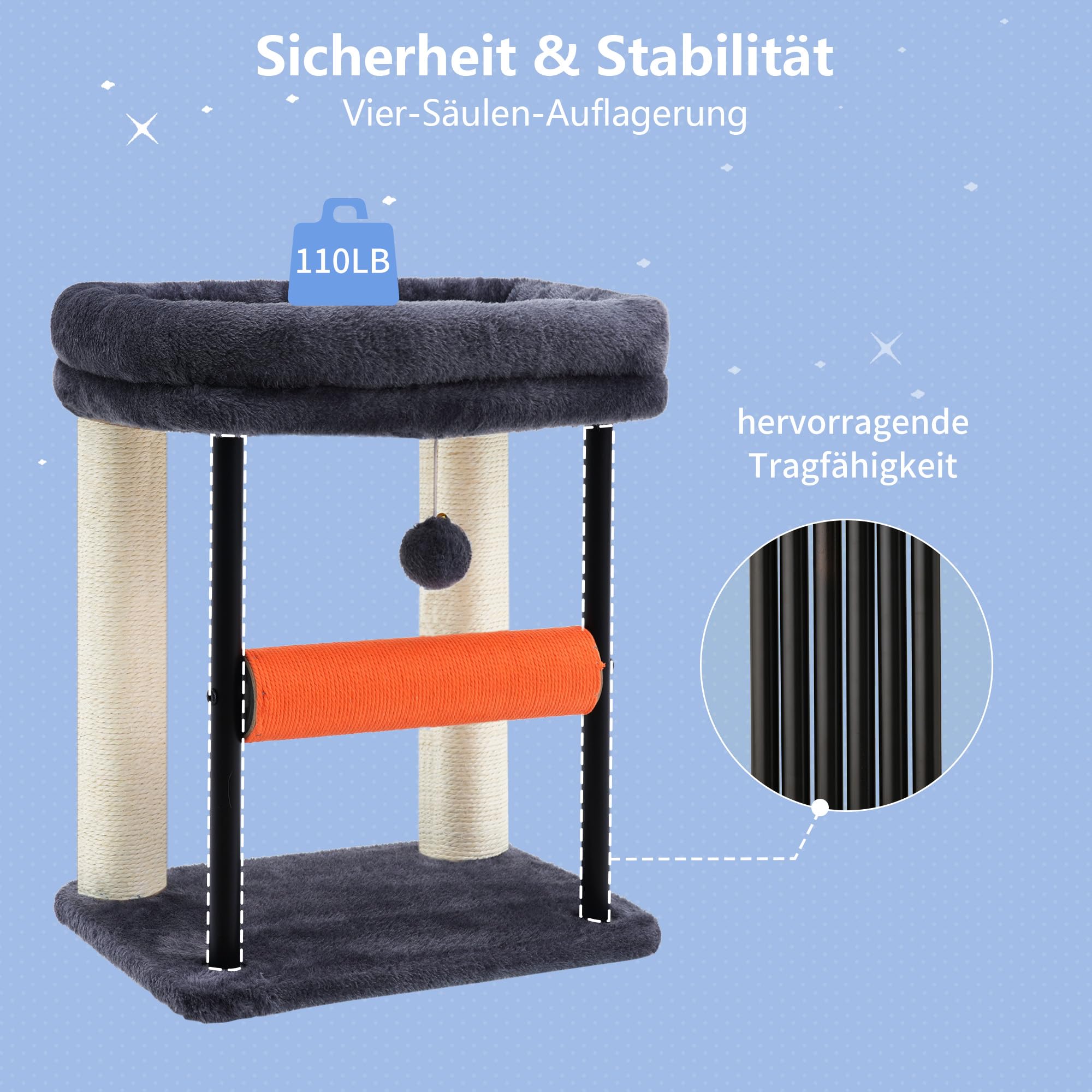 Hey-brother Kratzbaum, 50 cm klein Katzenbaum für Kätzchen, Kratzpfosten mit drehbarer Sisalsäule, geräumiger Plüschplattform, Vollständig sisalumwickelte Säule und Spielbällen, Hellgrau EMPJ010SW