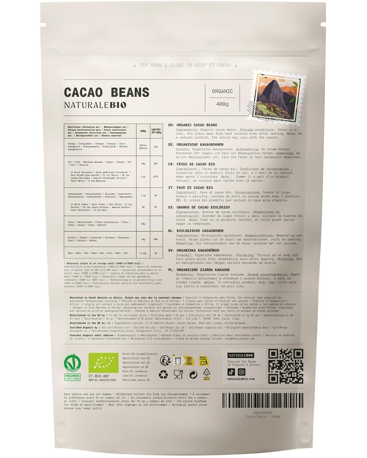 NaturaleBio Kakao Pulver Bio 1kg. Organic Cacao Pulver, Roh & Ungesüßt, Ideal für Getränke, Smoothies & Backen, Reich an Magnesium & Phosphor, Geprüft auf Schwermetalle