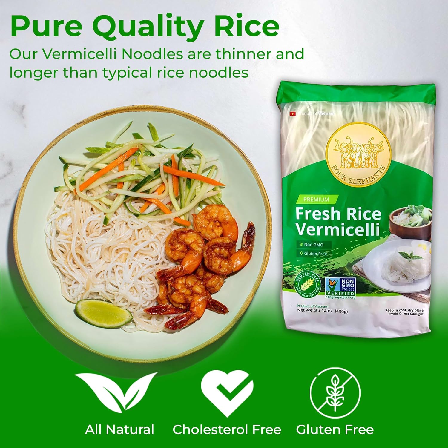 Rice Vermicelli Noodles (Authentic) | 2.6 lbs | Pack of 3 | Tasty For Ramen Noodles, Vietnamese Rice Noodles & Spring Rolls | Non-GMO & Gluten-Free | Four Elephants Brand