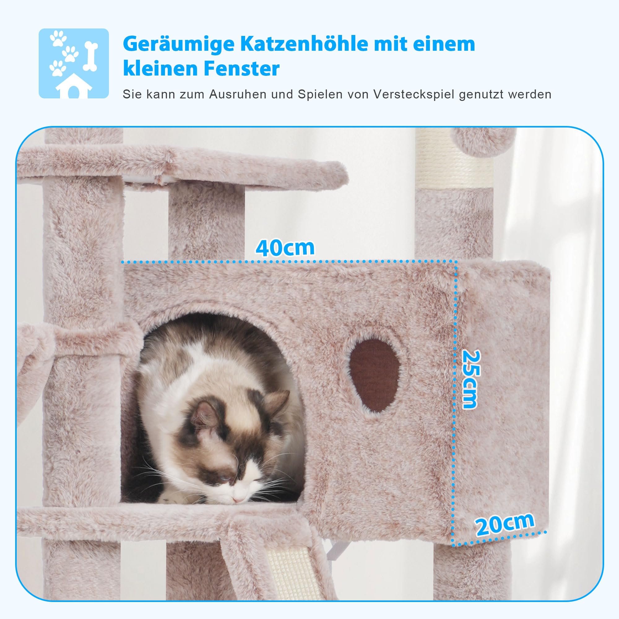 Hey-Brother Kratzbaum, 135 cm Indoor Katzenbaum, Mit gepolsterter Plattform Bett, Spielzeug Ball, Höhlen, Hängematte und Sisal Kratzbaum Katzenhaus, Hellgrau MPJ019-SW