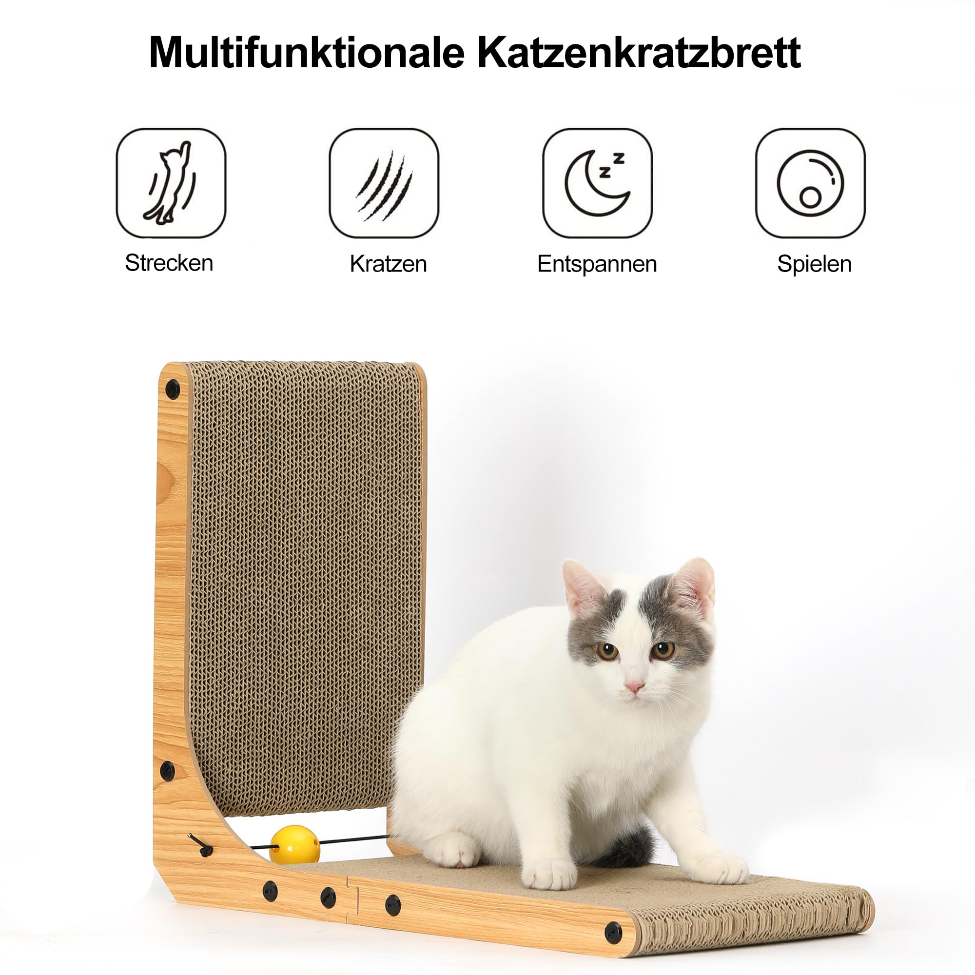 FUKUMARU Kratzbrett Katzen, 68 cm hohe L förmige Kratzpappe für Katzen, widerstandsfähig Katzenkratzbrett mit Ballspielzeug, Kratzmöbel aus hochwertiger Karton für Wand und Ecke, Groß