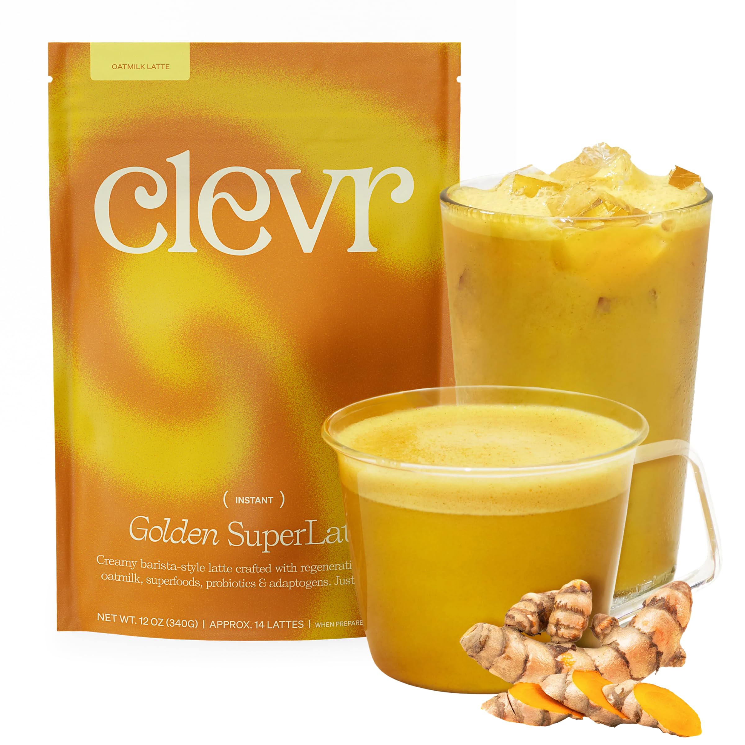 Clevr Organic Matcha Green Tea Latte, Instant Ceremonial Grade, Superfood Powder Blend with Oat Milk, Lions Mane, Reishi Mushroom, Coconut Cream, Ashwagandha, Serve Hot or Iced, (14 Lattes)
