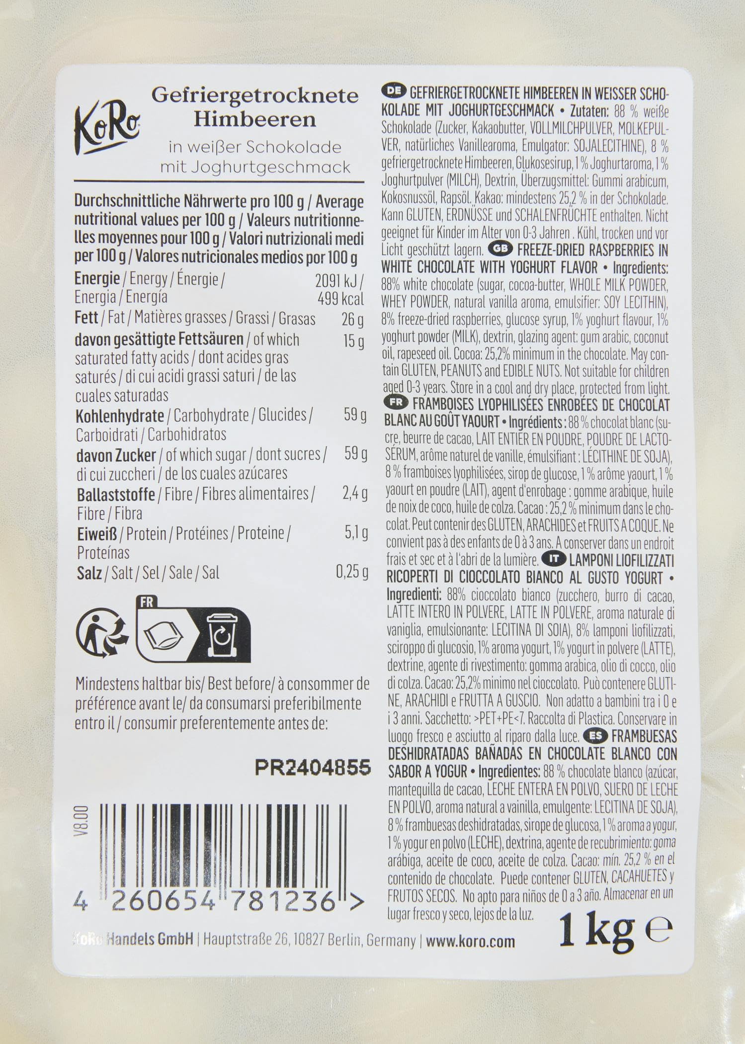 KoRo - Gefriergetrocknete Erdbeeren in Milchschokolade 1 kg - Knackig Fruchtig - Snack im Vorteilspack
