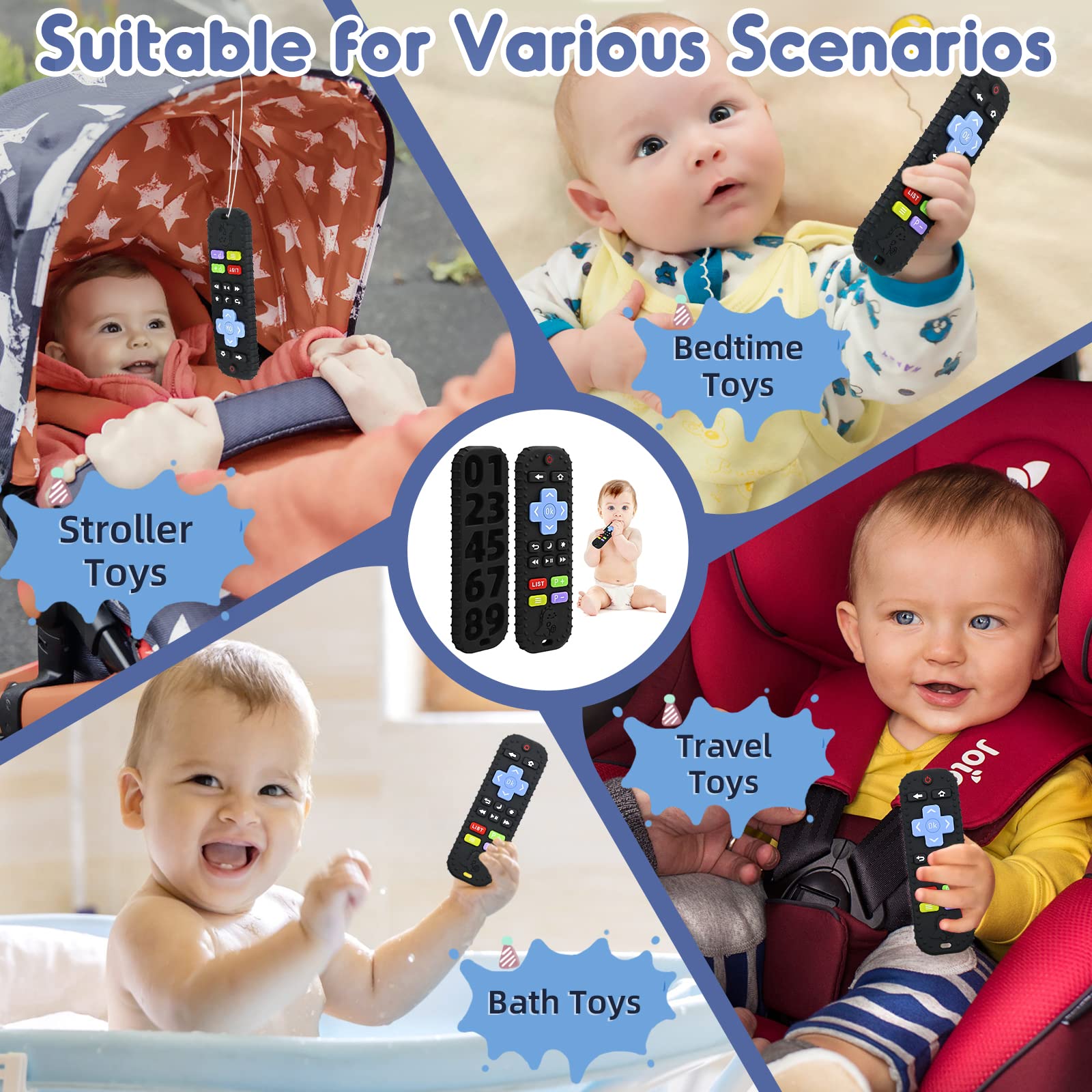 Zahnen Beißringe Spielzeug für Babys 3-6-12 Monate Geschenke, Fernbedienung Baby Zahnungshilfe für 7 8 9 Monate Kleinkind Autismus, Lebensmittelqualität Silikon Badespielzeug, Schwarz