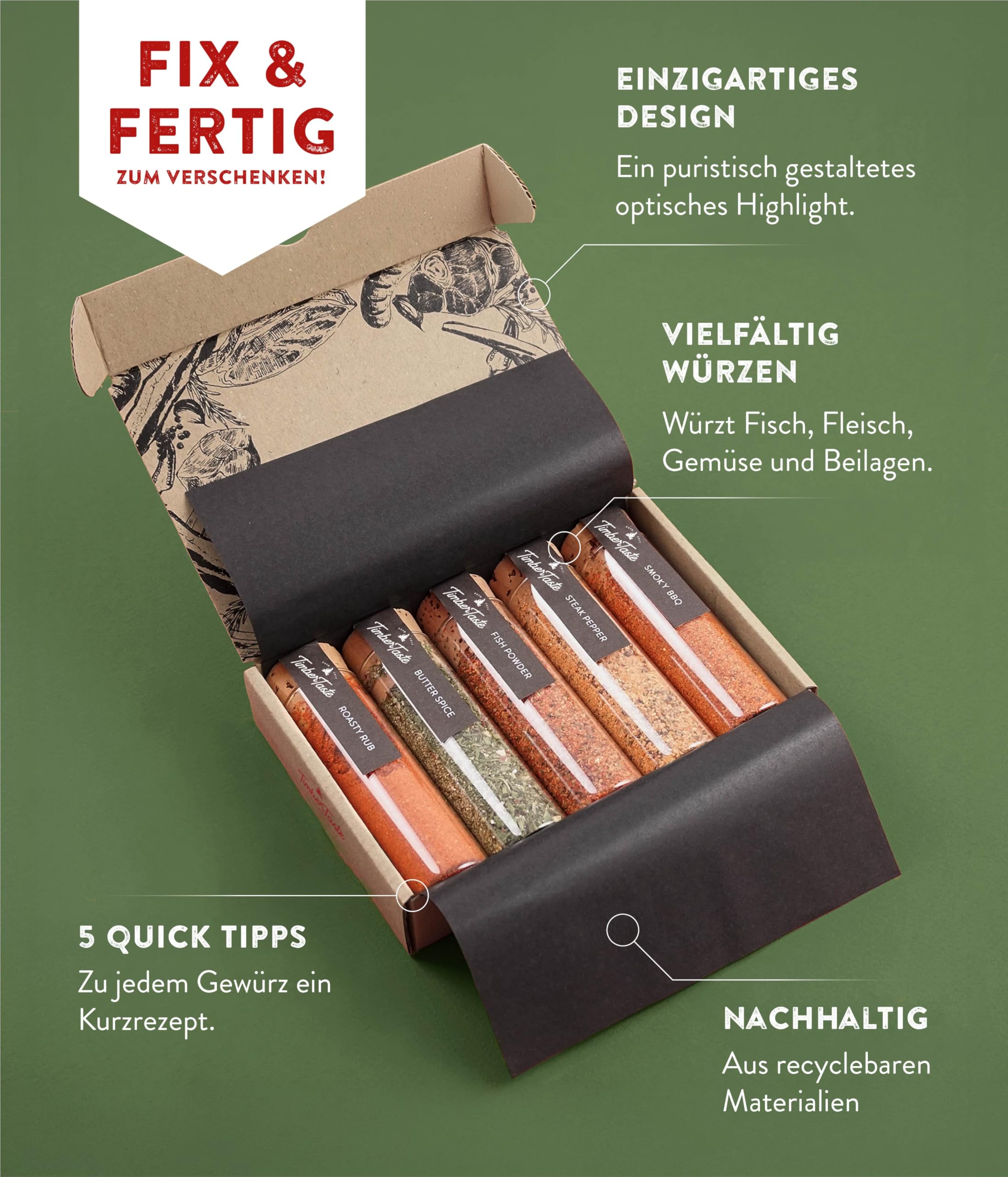 TIMBER TASTE® Grillgewürze Geschenkset - 5 premium BBQ Gewürze Rubs & Marinaden in edler Geschenkbox | Geschenke für Männer | Vatertag Geschenk | Gewürze Geschenkset ideal zum Grillen Geschenk Set