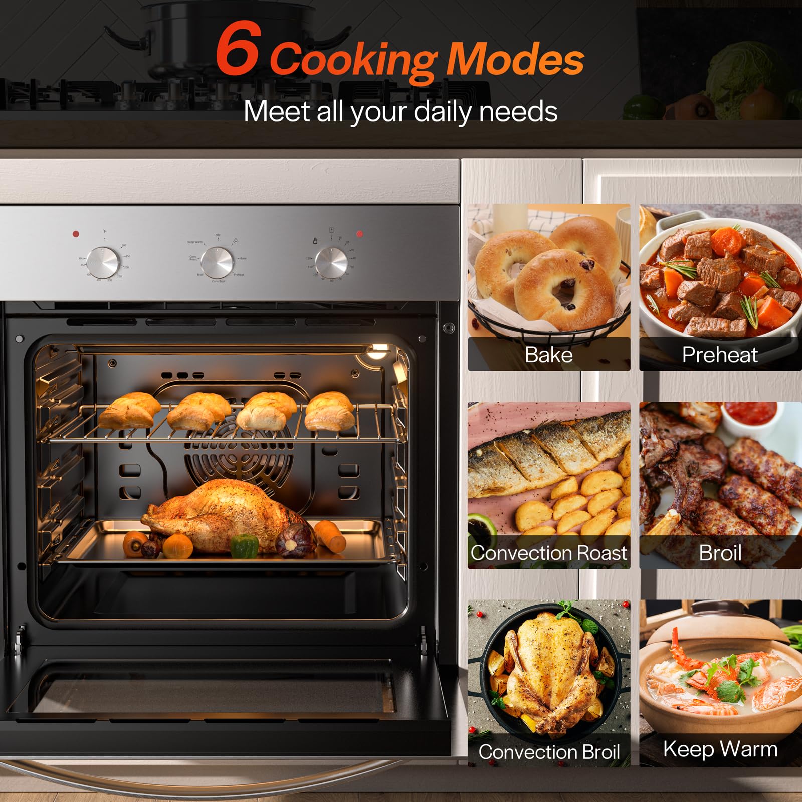 Empava 24" Electric Single Wall Oven with 6 Cooking Functions Mechanical Knobs Control in Stainless Steel