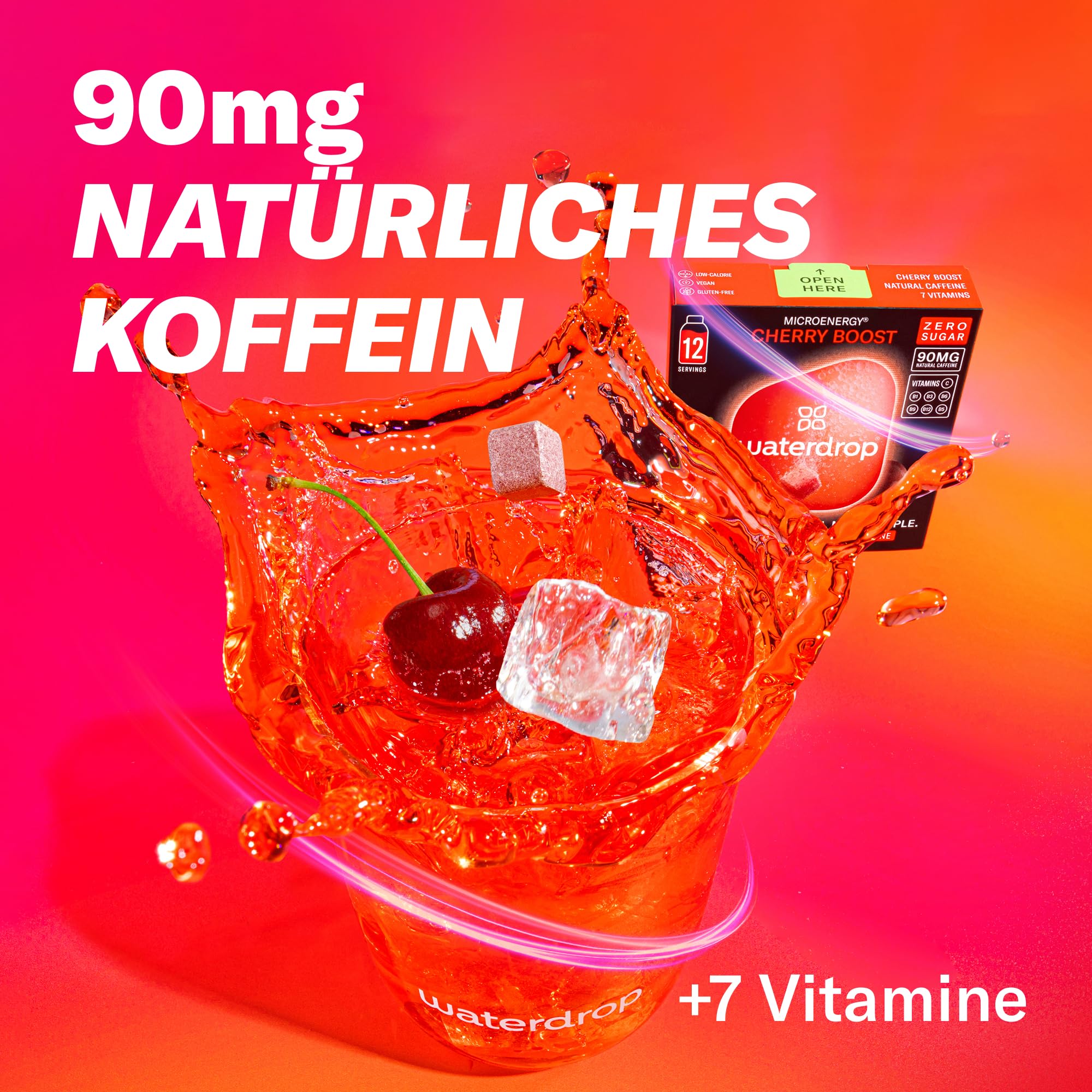 waterdrop® Microenergy Set, Energy Drink Pulver, 36 Würfel Getränkepulver, Mango, Kirsche & Brombeere Geschmack, Zuckerfrei & Kalorienarm, Mit 90 mg Natürlichem Koffein, Vitamin C & B – Flavour Drops