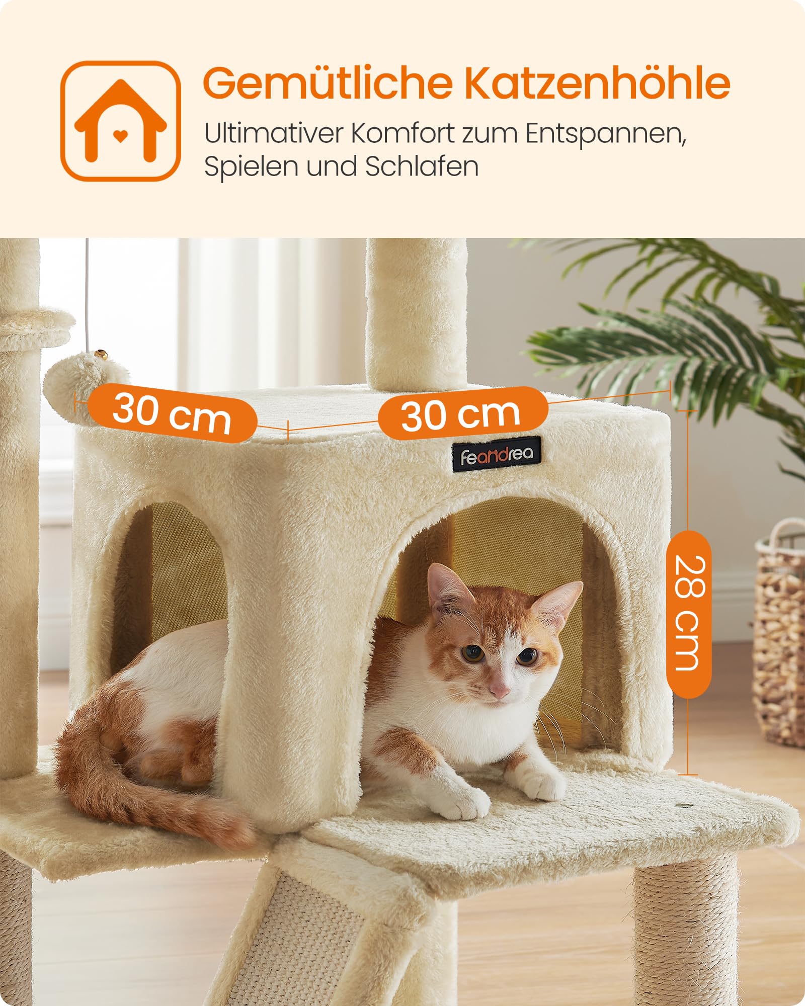 Feandrea Kratzbaum, 96 cm hoch, Katzenbaum mit großer Plattform, Katzenkratzbaum mit Katzenhöhle, Hängematte, Kratzrampe, Plüschball, weicher Plüsch, hellgrau PCT51W