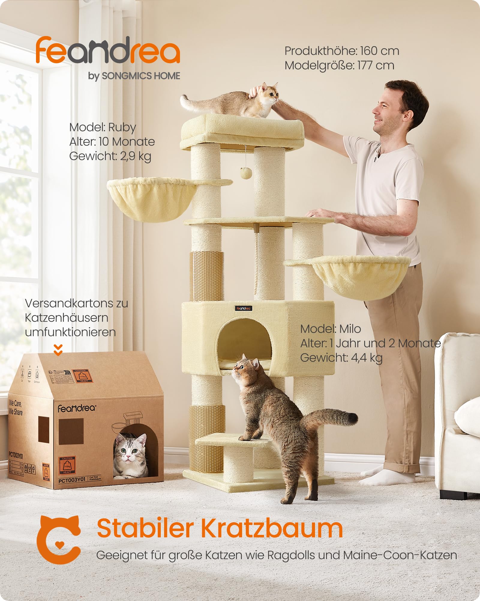 Feandrea Kratzbaum, mit warmen Decken, für große Katze, Katzenbaum, 2 Katzenbürsten, 11,1 cm d Dicke Stämme, große Plattformen, Höhle, 50 x 50 x 160 cm, Taubengrau-schwarz PCT003W01