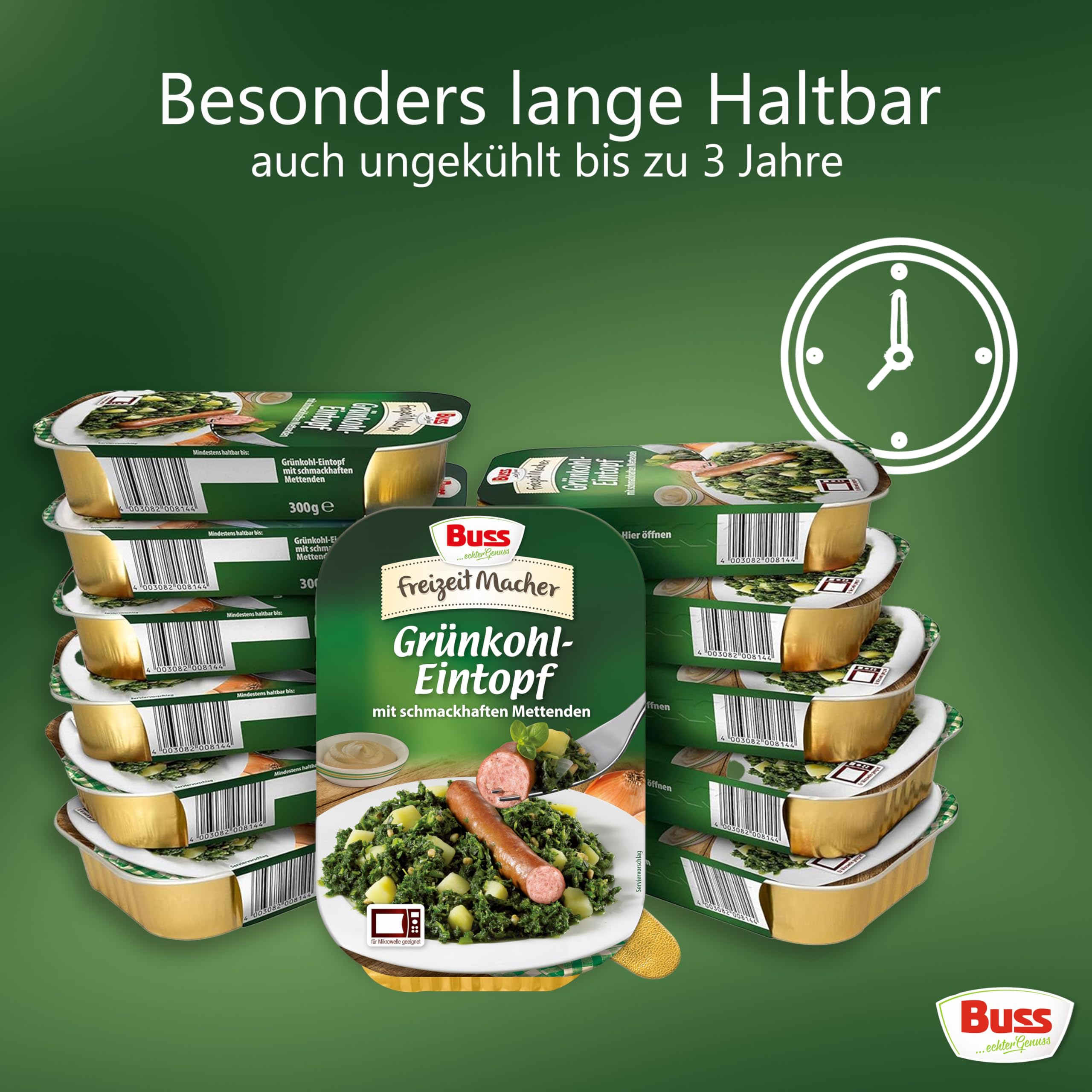 Buss Freizeitmacher Traditioneller Grünkohl Eintopf mit Kartoffeln und Mettenden - Fertiggerichte zum Aufwärmen in Mikrowelle & Topf - Schnell & Einfach Zubereitet - 12 x 300g