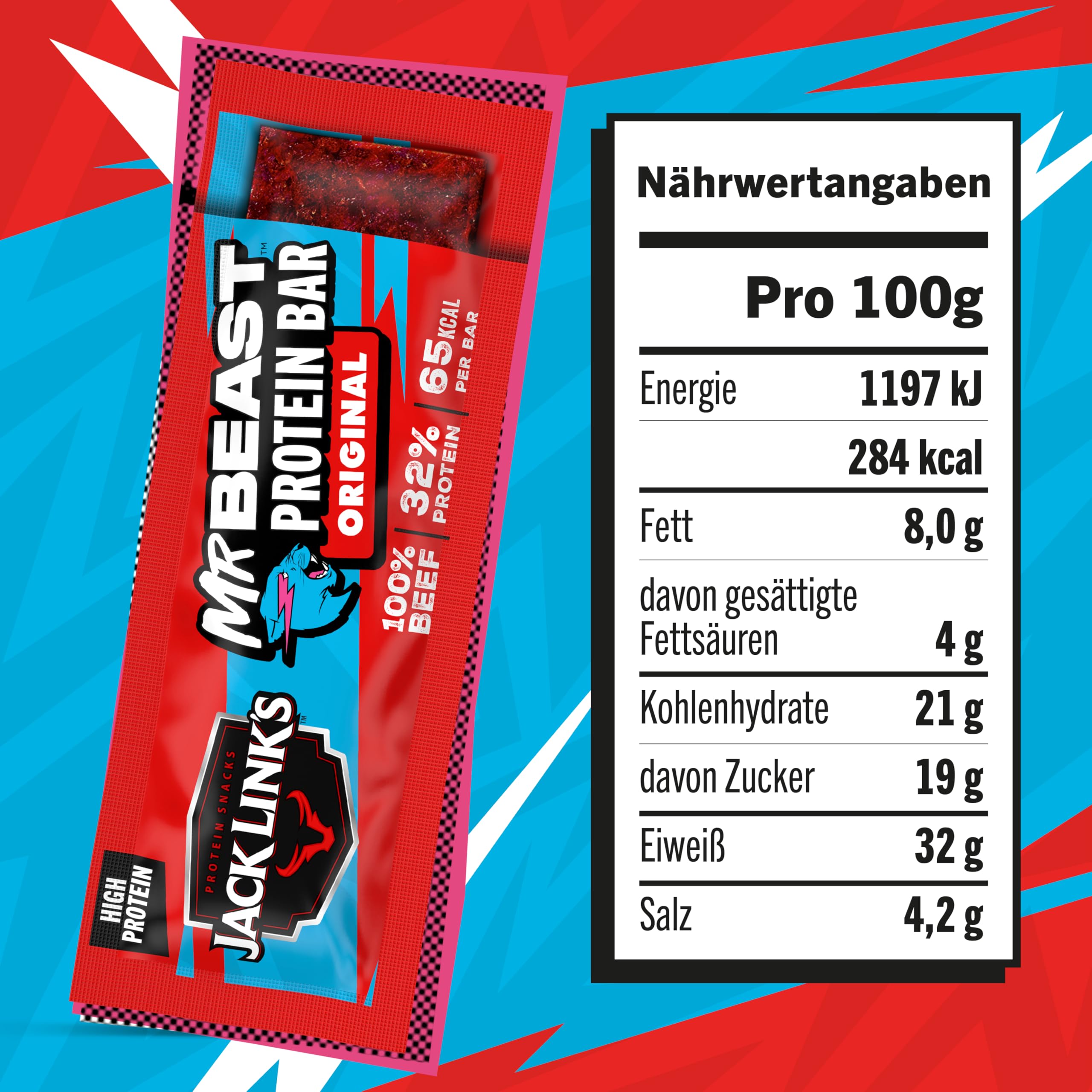 Jack Links Protein Riegel Beef Original – 30er Pack (30 x 22,5 g) – Low Carb Proteinriegel - Eiweißriegel - Protein Bar - Energieriegel - Snack für unterwegs und im Gym, Fitness - High Protein Snack