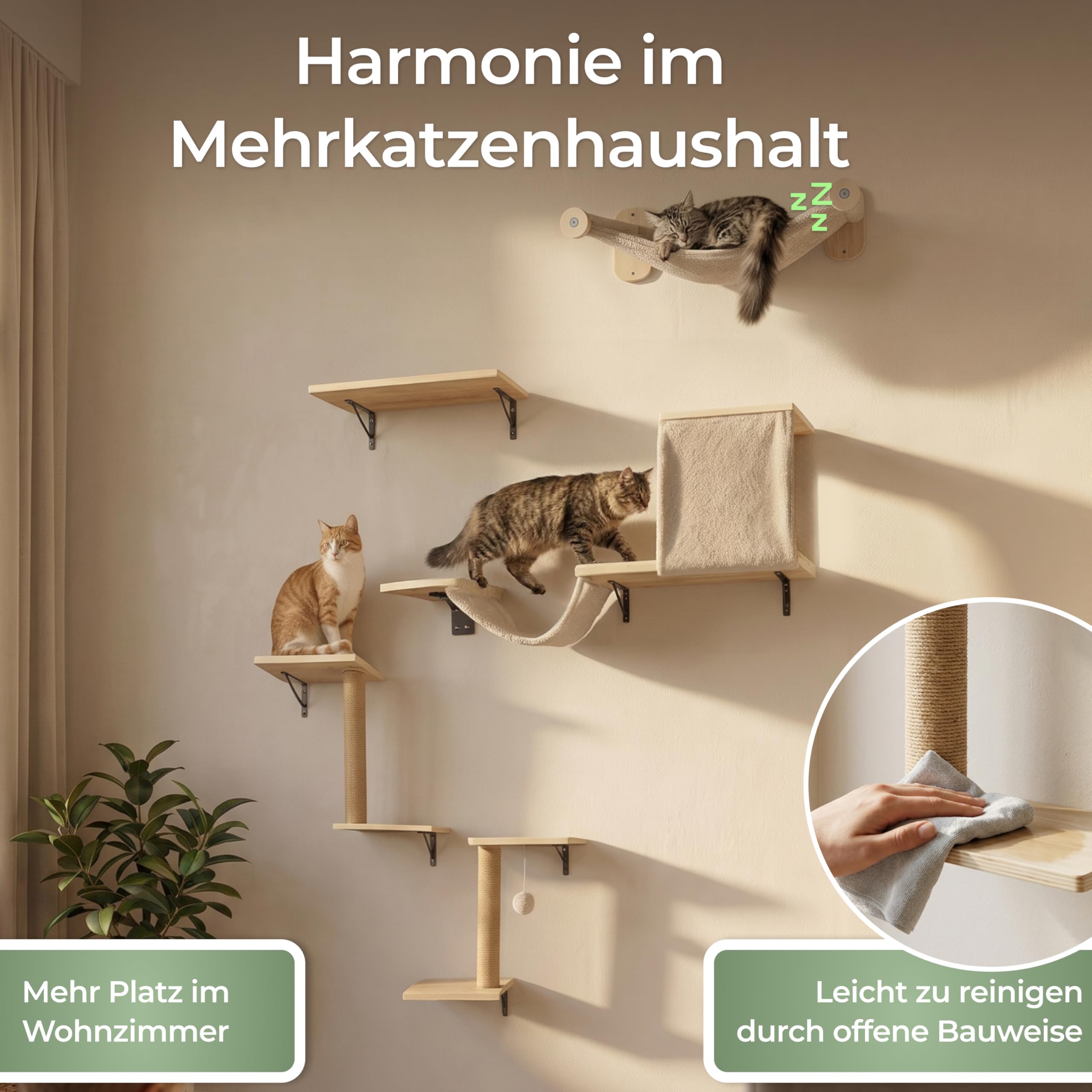 WOOWOOD® 2X Kletterwand Katzen - 3X Katzentreppe Wand [Beste Stabilität] - Kratzbaum Wand, Hängematte Katze, Wandkratzbaum, Katzenmöbel, Katzenwand, Katzen Kletterwand Set (5 teilig)