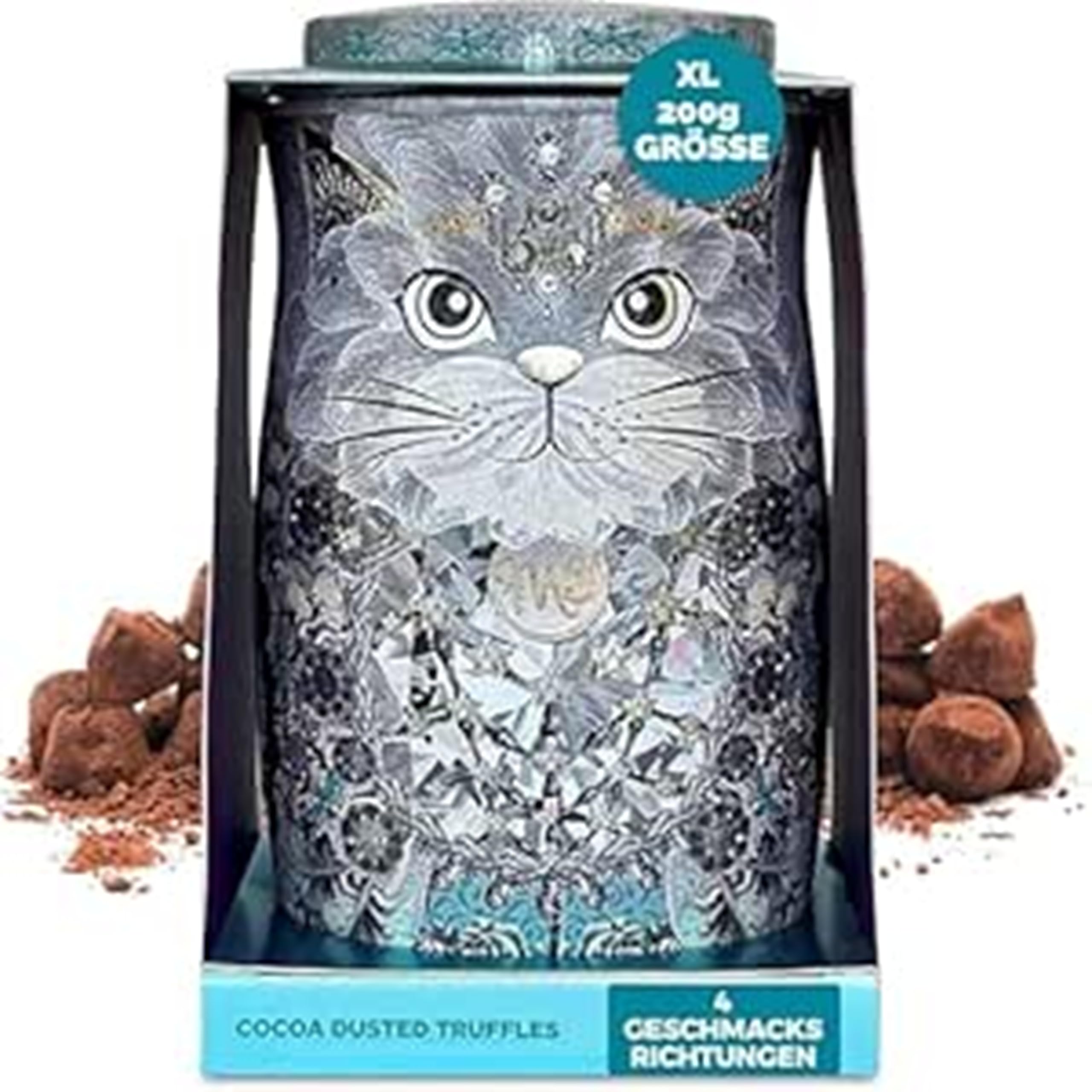 Monty Bojangles Kit-Tins Schokoladentrüffel (4 x 36g) Truffle Pralinen mit Kakao bestäubt Pralinen, Schokolade Sammlerdose mit Katzen-Design, Geschenkset mit vier Geschmacksrichtungen