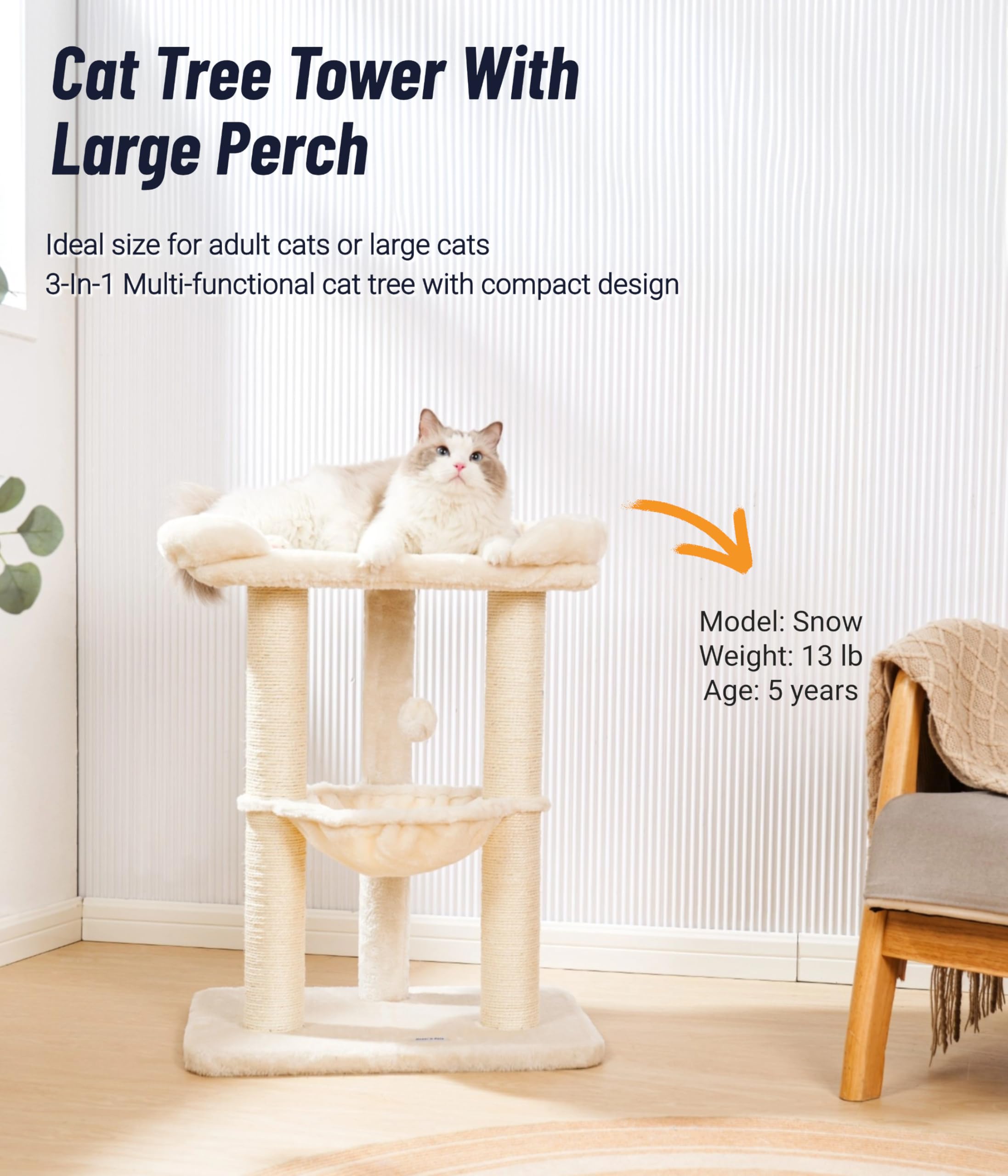 Happi N Pets 71CM Kratzbaum für Katzen, Hoher Kratzstamm mit großem Bett für große Katzen, Sisal-Kratzbaum mit weicher Liegefläche & Hängematte, Stabiler Katzenbaum, Abnehmbarer Bezug-Beige