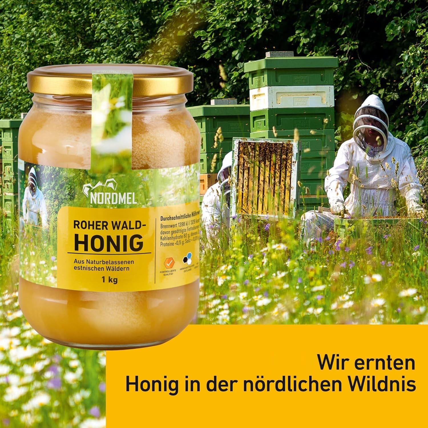 Reiner, wilder, natürlicher, roher Honig, 1 kg, ungefiltert, natürlicher Honig aus dem Ostseewald in Estland, nachhaltig geerntet mit 100% grüner Energie