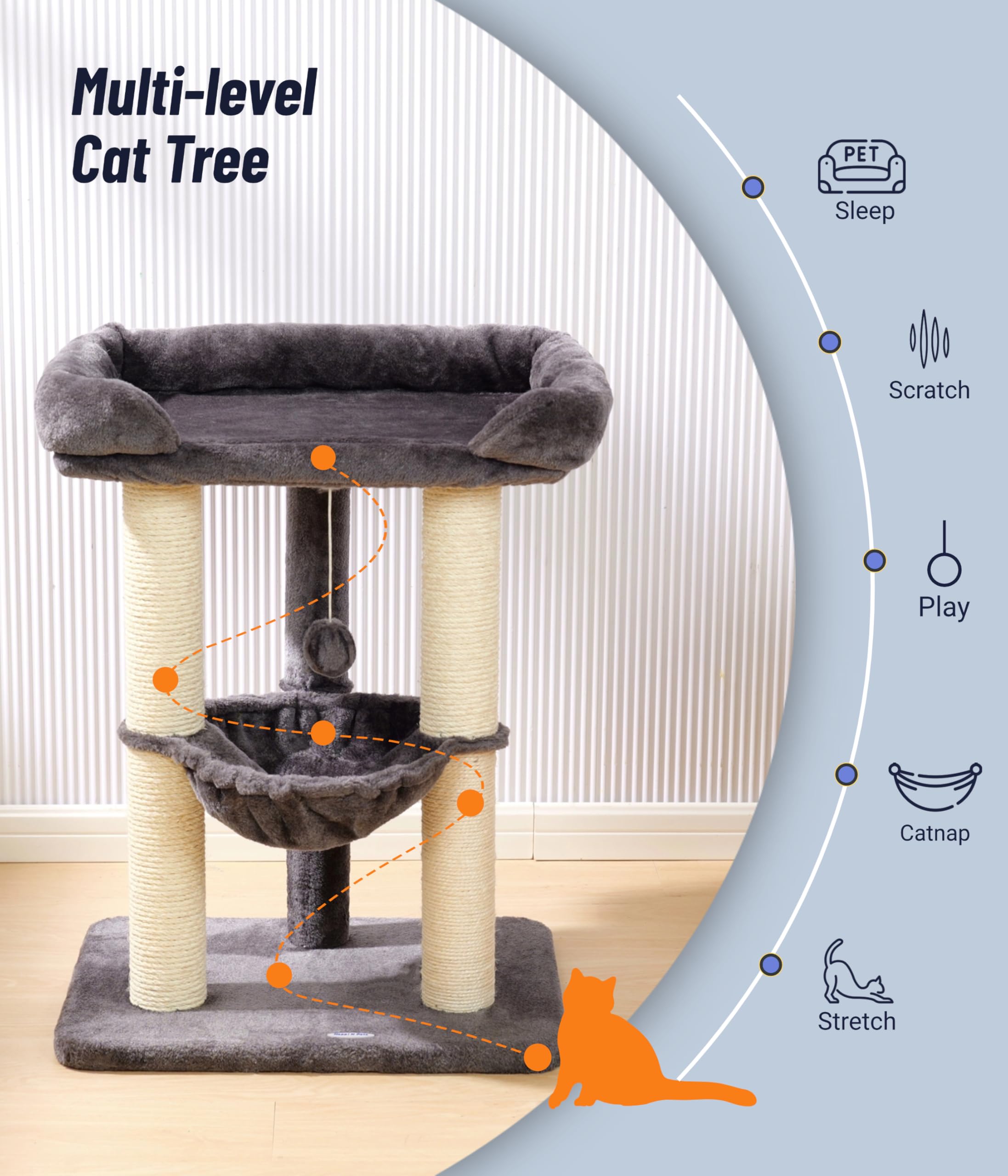 Happi N Pets 71CM Kratzbaum für Katzen, Hoher Kratzstamm mit großem Bett für große Katzen, Sisal-Kratzbaum mit weicher Liegefläche & Hängematte, Stabiler Katzenbaum, Abnehmbarer Bezug-Beige