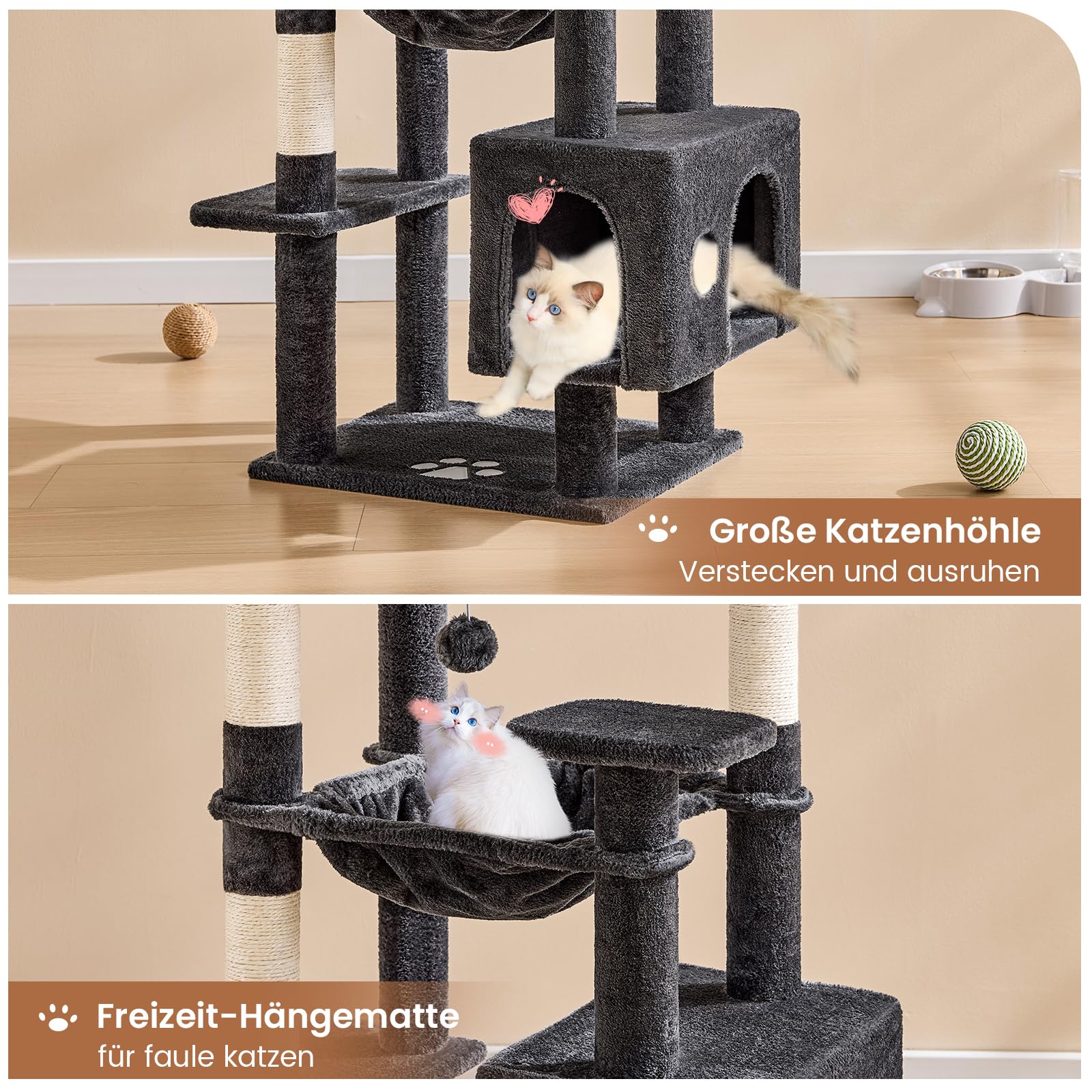 MSmask Kratzbaum groß, L Katzenbaum Stabil, Katzenkratzbaum mit 2 Plattformen, 2 Katzenhöhlen, Hängematte, Sisalsäulen, mehrstöckiger Kletterbaum für Katzen (Hellgrau, 160 cm)