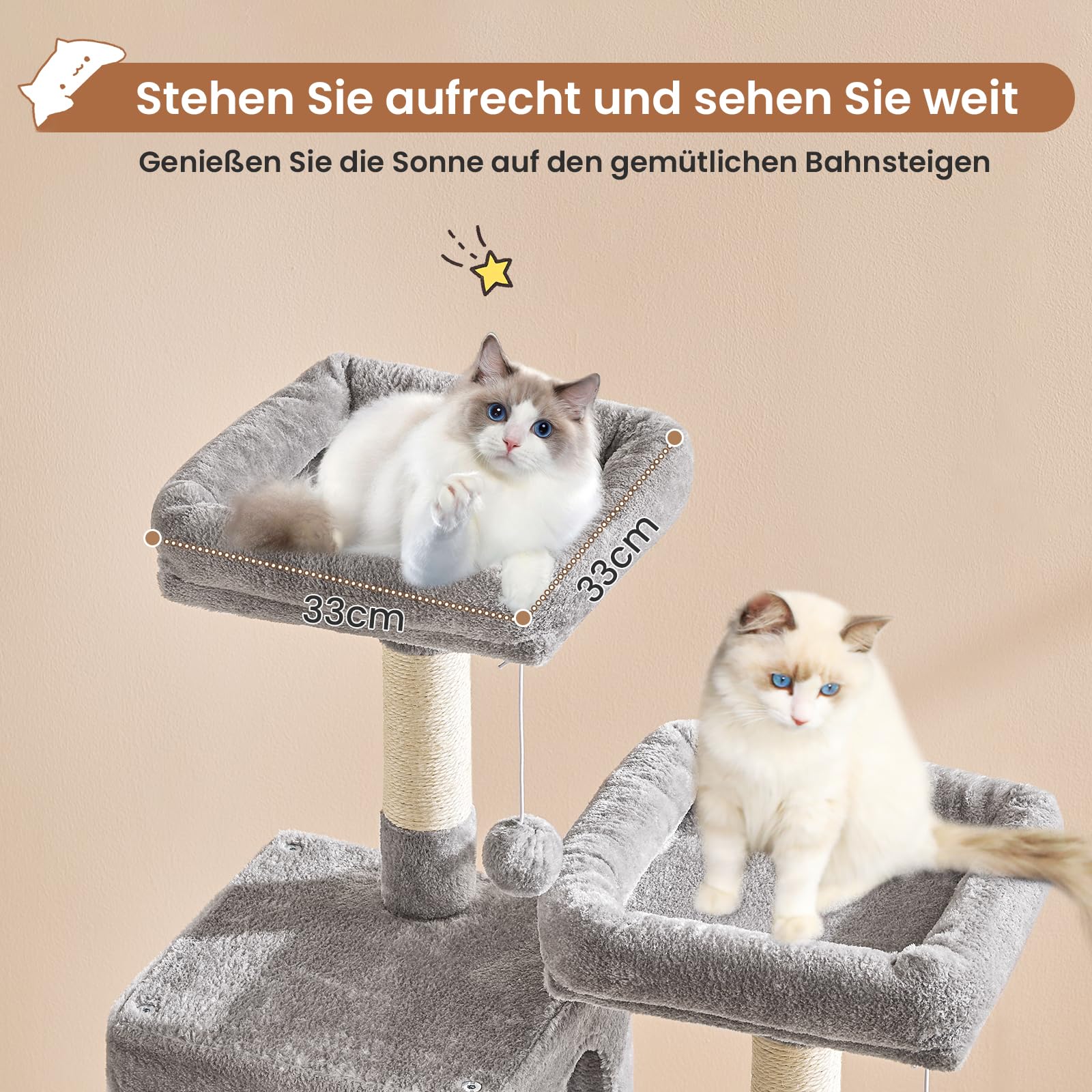 MSmask Kratzbaum groß, L Katzenbaum Stabil, Katzenkratzbaum mit 2 Plattformen, 2 Katzenhöhlen, Hängematte, Sisalsäulen, mehrstöckiger Kletterbaum für Katzen (Hellgrau, 160 cm)