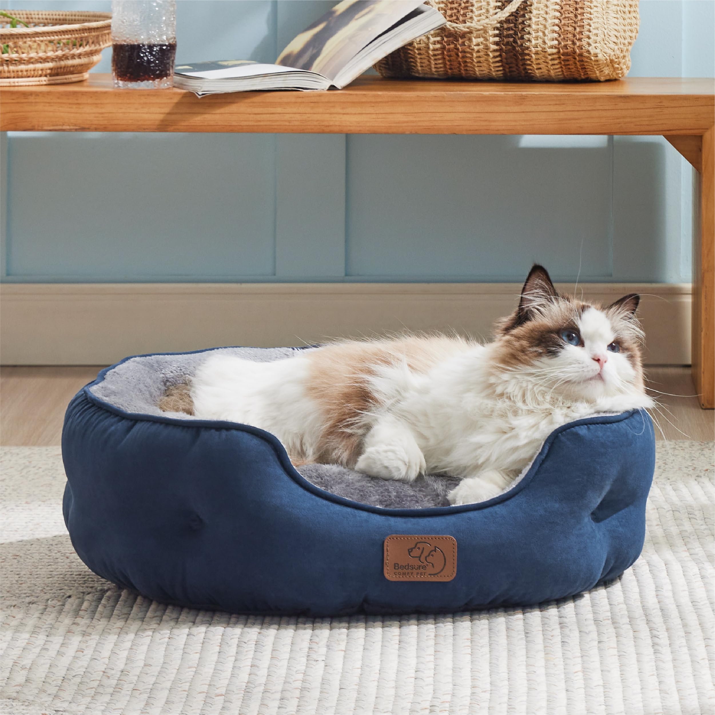 BEDSURE Katzenbett waschbar Katzen Bettchen - 51x48x15cm Katzenkorb mit Zweiseitig Innenkissen Katzenschlafplatz für Katzen oder kleine Hunde,Grau