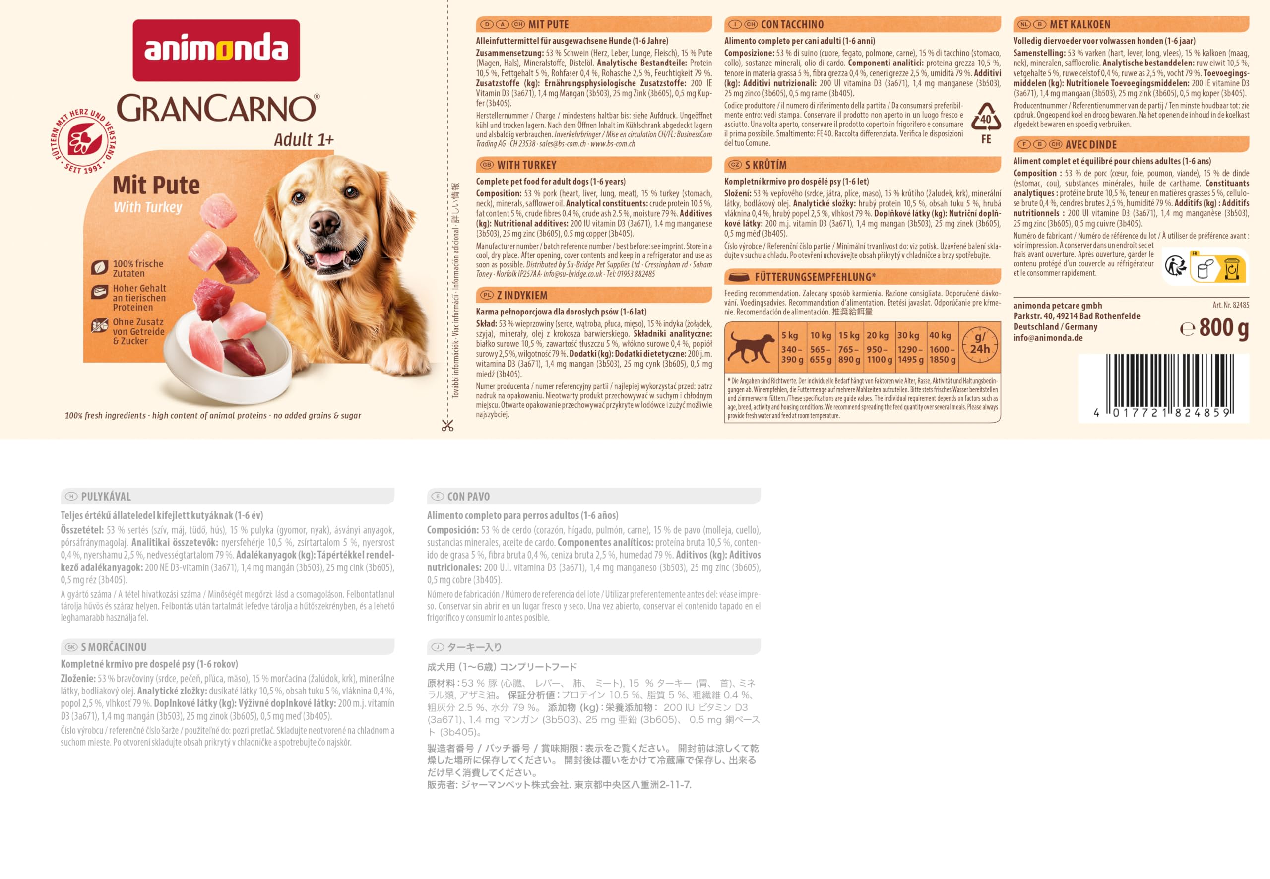 animonda GranCarno Hunde Nassfutter mit Rind + Entenherzen (6 x 800 g), getreidefreies Hundenassfutter ohne Zucker, für ausgewachsene Hunde, mit frischen fleischigen Zutaten