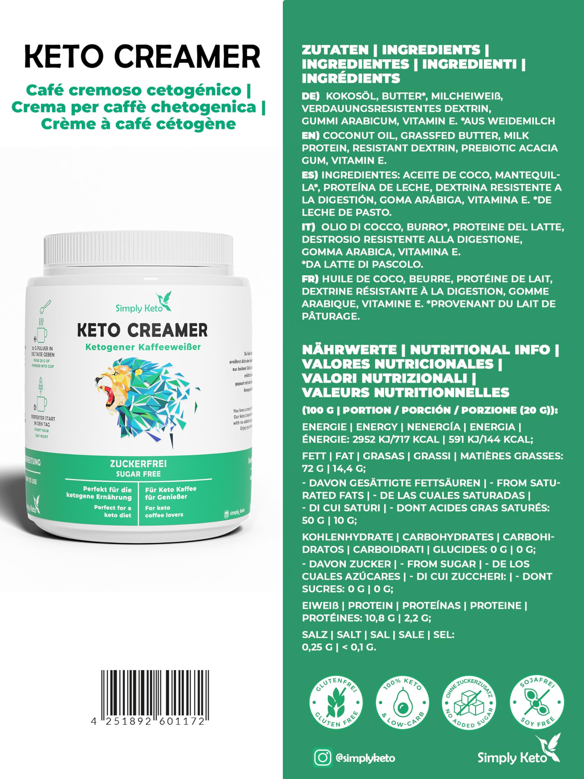 Simply Keto Keto Creamer Vorratsdose 450g - Ohne Zuckerzusatz ketogener Kaffeeweißer für leckeren Milchkaffee - Mit Kokosöl & Weidebutter - Ohne Zucker & Kohlenhydrate - Optimiert für Geschmack