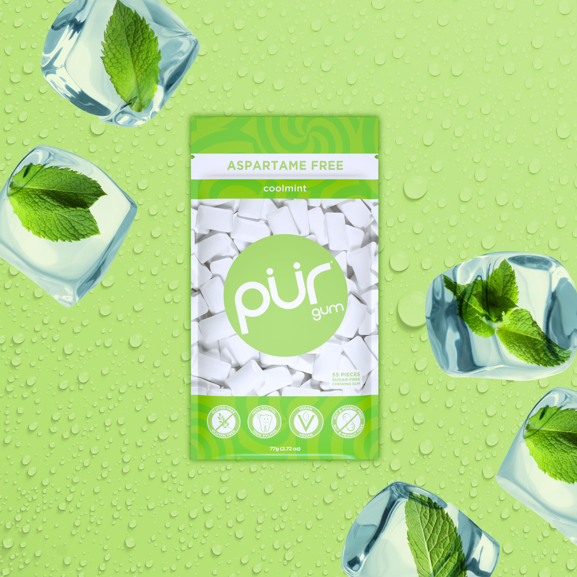 PUR Gum | Zuckerfreier Kaugummi | Mit Xylit | Vegan, Aspartamfrei & Glutenfrei | Natürlicher Kaugummi Mit Spearmint-Geschmack, 55 Stück (3er Pack)