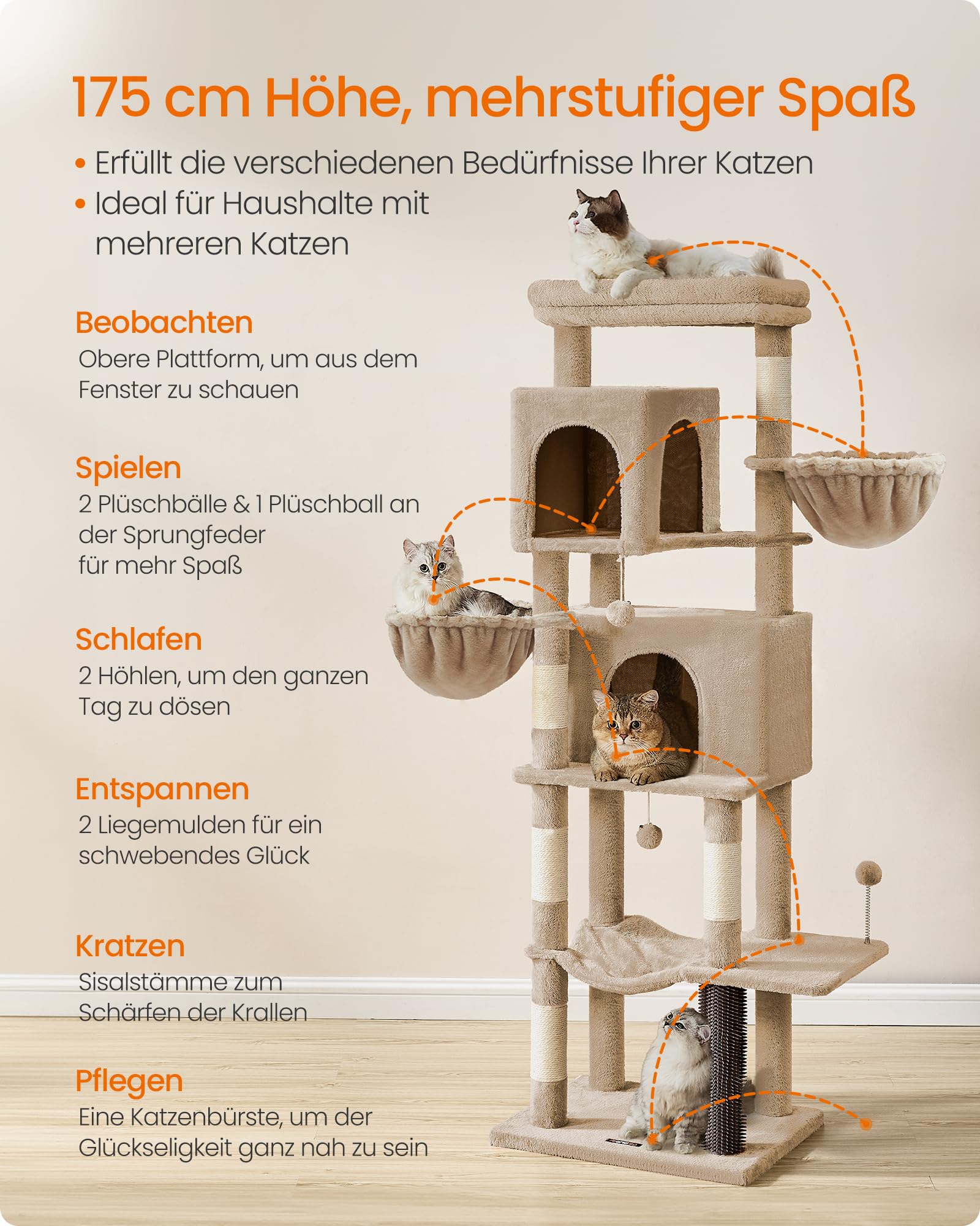 Feandrea Kratzbaum, 175 cm hoch, XL, mehrstöckiger Katzenbaum mit 2 Höhlen, 2 Liegemulden, 5 Kratzsäulen, Katzenbürste, große Plattform, Taubengrau PCT182G01