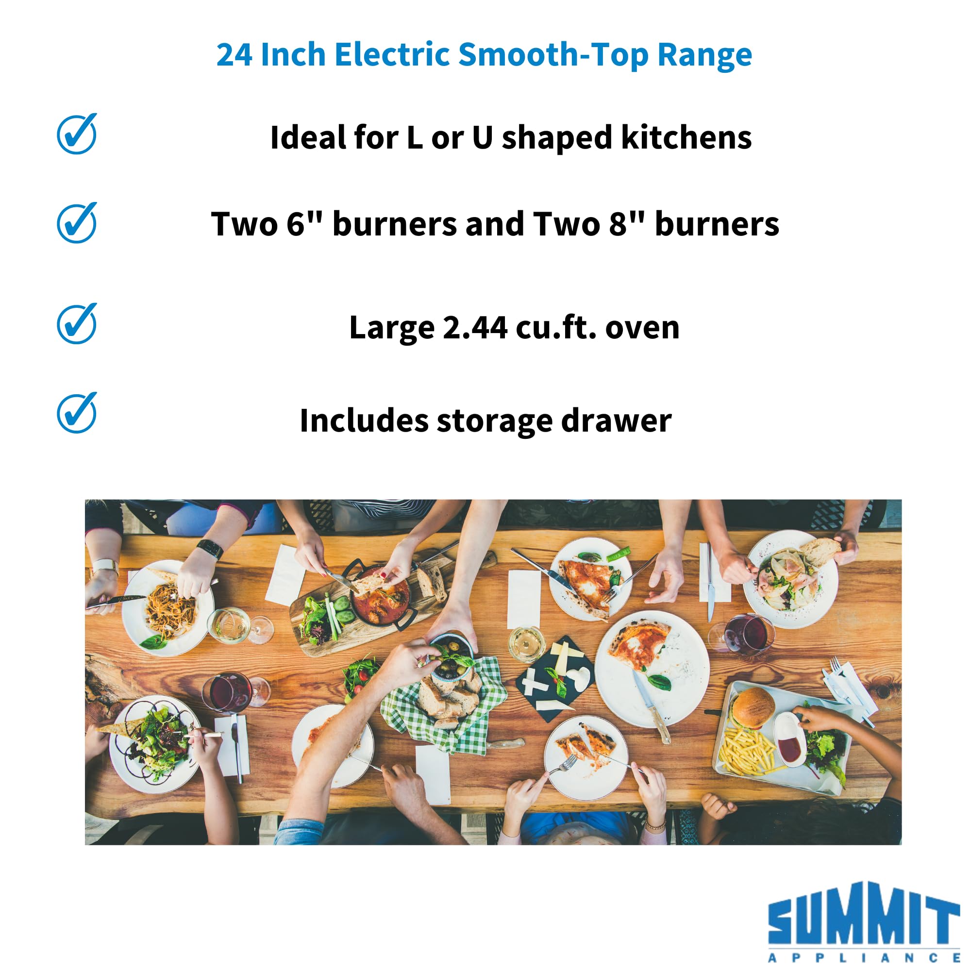 Summit 24” Electric Smooth Top Range, Large 2.44 cu.ft. oven. ADA Compliant, White- REXT24W