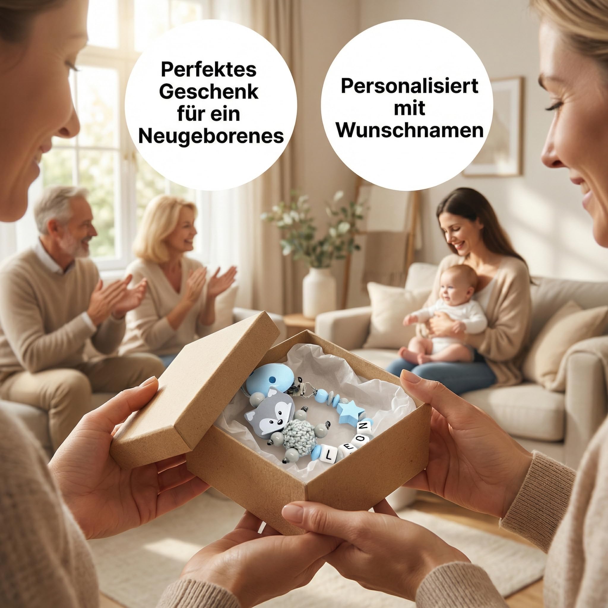 Schnullerband mit Namen für Mädchen & Jungen personalisierte Baby Geschenke (Blau)