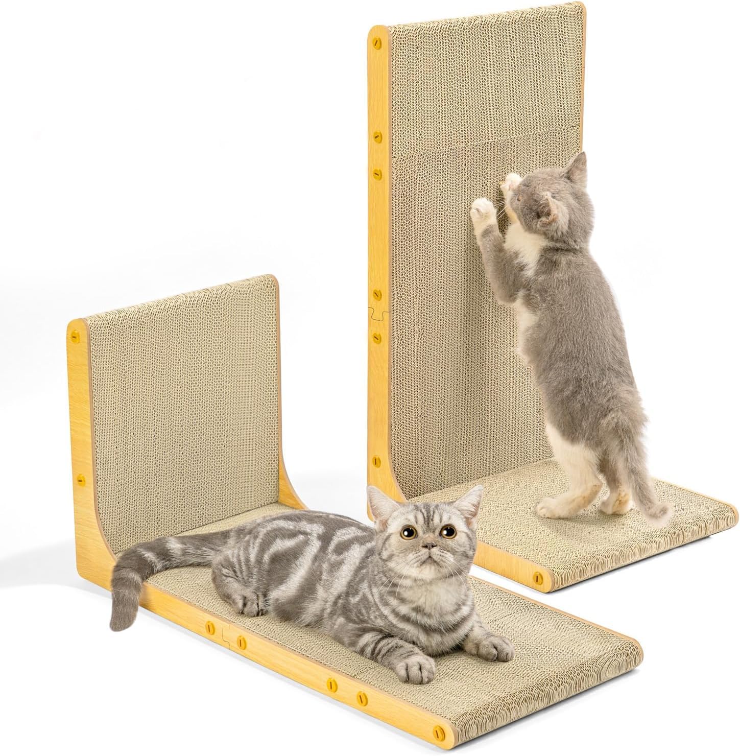 Conlun Kratzbrett für Katzen, 58 cm L-förmige Wandmontage, vertikale Kratzfläche, strapazierfähige Pappe zum Möbelschutz für Wohnungskatzen, Groß,Holzoptik