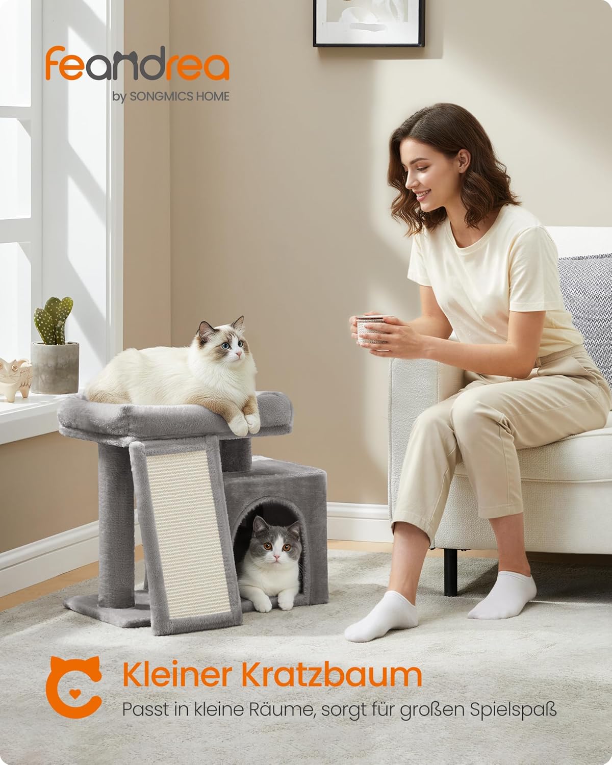 Feandrea Kratzbaum, Katzenbaum mit Kratzsäulen, Rampe, Katzenkratzbaum, 2 große Plattformen, Höhle und Korb, 85,8 cm hoch, Taubengrau PCT013GD01