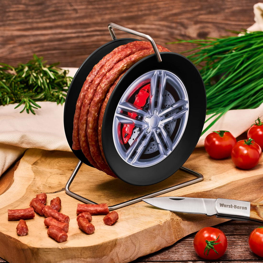 WURSTBARON® Wurstfelge - Snack Wurst Mini-Kabeltrommel auf Felge - 3,5 Meter Wurst nach Krakauer Art - 240 g