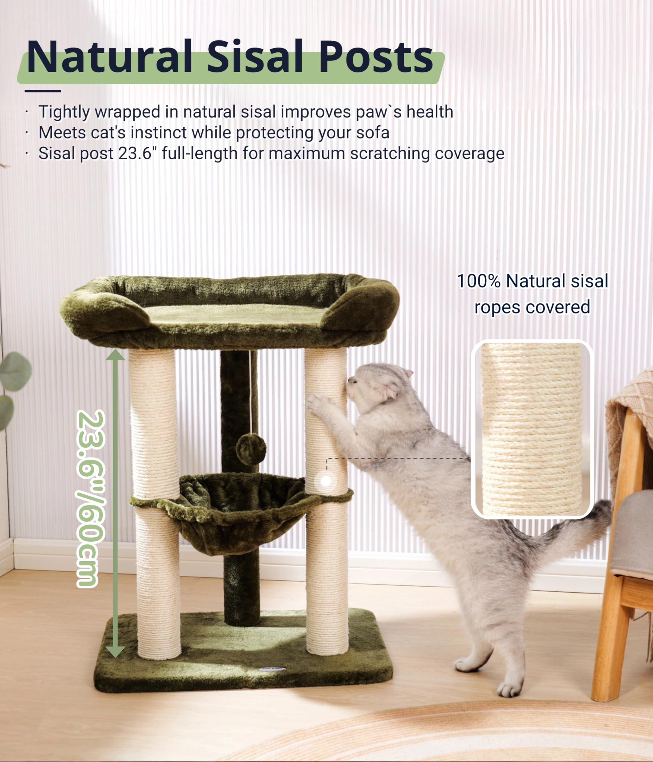 Happi N Pets 71CM Kratzbaum für Katzen, Hoher Kratzstamm mit großem Bett für große Katzen, Sisal-Kratzbaum mit weicher Liegefläche & Hängematte, Stabiler Katzenbaum, Abnehmbarer Bezug-Beige