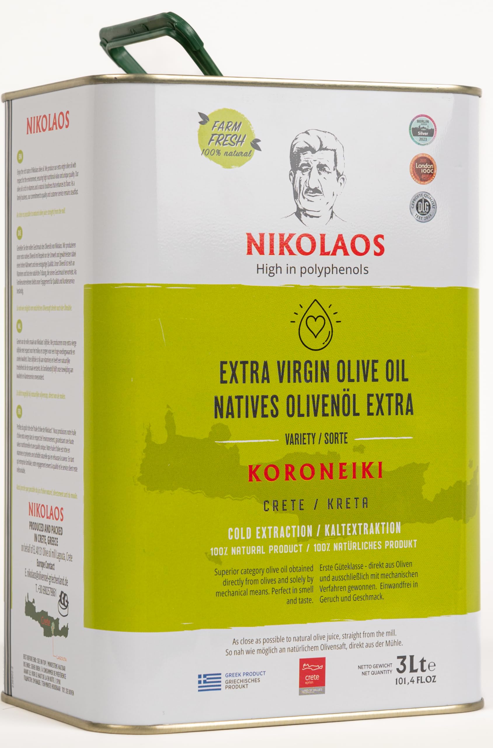 Olivenöl 5 L aus Kreta, Griechenland – „NIKOLAOS“ Premium-Qualität, reich an Polyphenolen, extra nativ, kaltgepresst. Neue Ernte: 2025/2026. MHD: bis September 2027